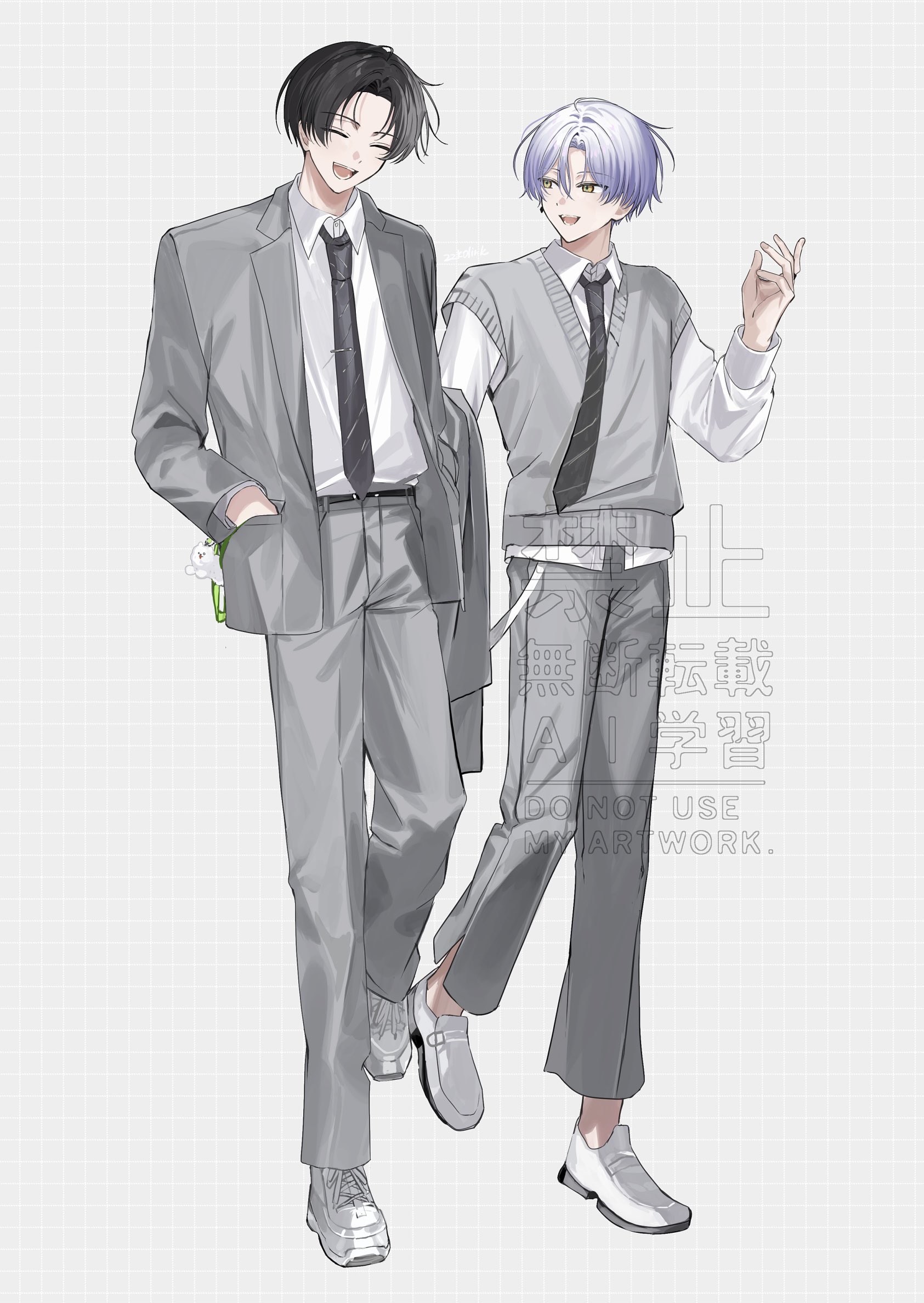 22kolink, hamasaki kaede, 18trip, highres, 2boys, black hair, black necktie, closed eyes, full body, grey jacket, grey pants, grey sweater vest, hand in pocket, hand up, jacket, lapels, looking at another, male focus, multiple boys, necktie, notched lapels, oguro kafka, open clothes, open jacket, open mouth, pants, parted bangs, purple hair, short hair, smile, standing, standing on one leg, sweater vest