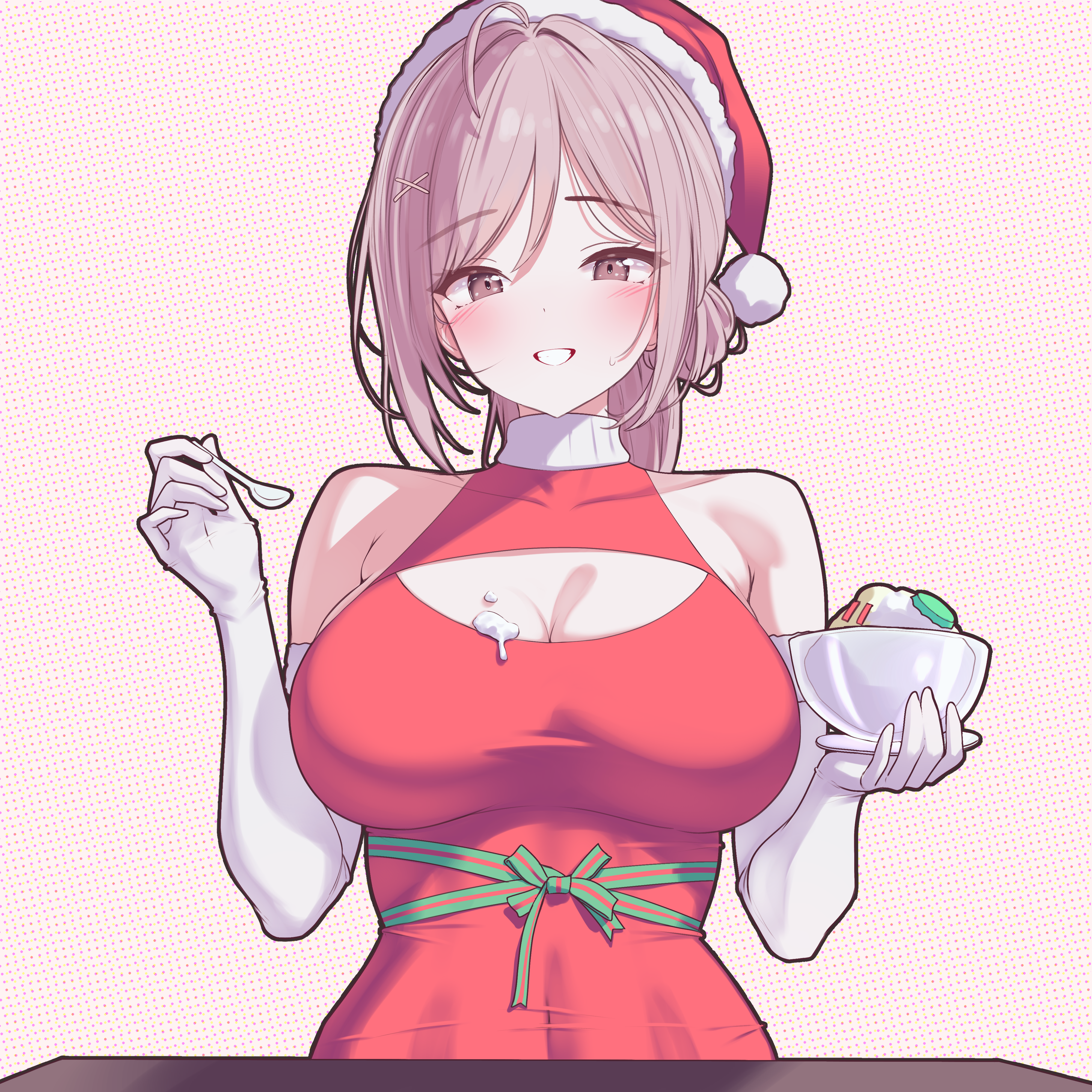 rapid17, absurdres, character request, commentary request, copyright request, highres, 1girl, bare shoulders, bowl, breasts, brown eyes, brown hair, cleavage, cleavage cutout, clothing cutout, double-parted bangs, dress, elbow gloves, food, food on body, food on breasts, fur-trimmed headwear, fur trim, gloves, hair ornament, hat, holding, holding bowl, holding spoon, large breasts, looking at viewer, pink background, red dress, red hat, santa hat, short hair, sleeveless, sleeveless dress, smile, solo, spoon, upper body, virtual youtuber, white gloves, x hair ornament