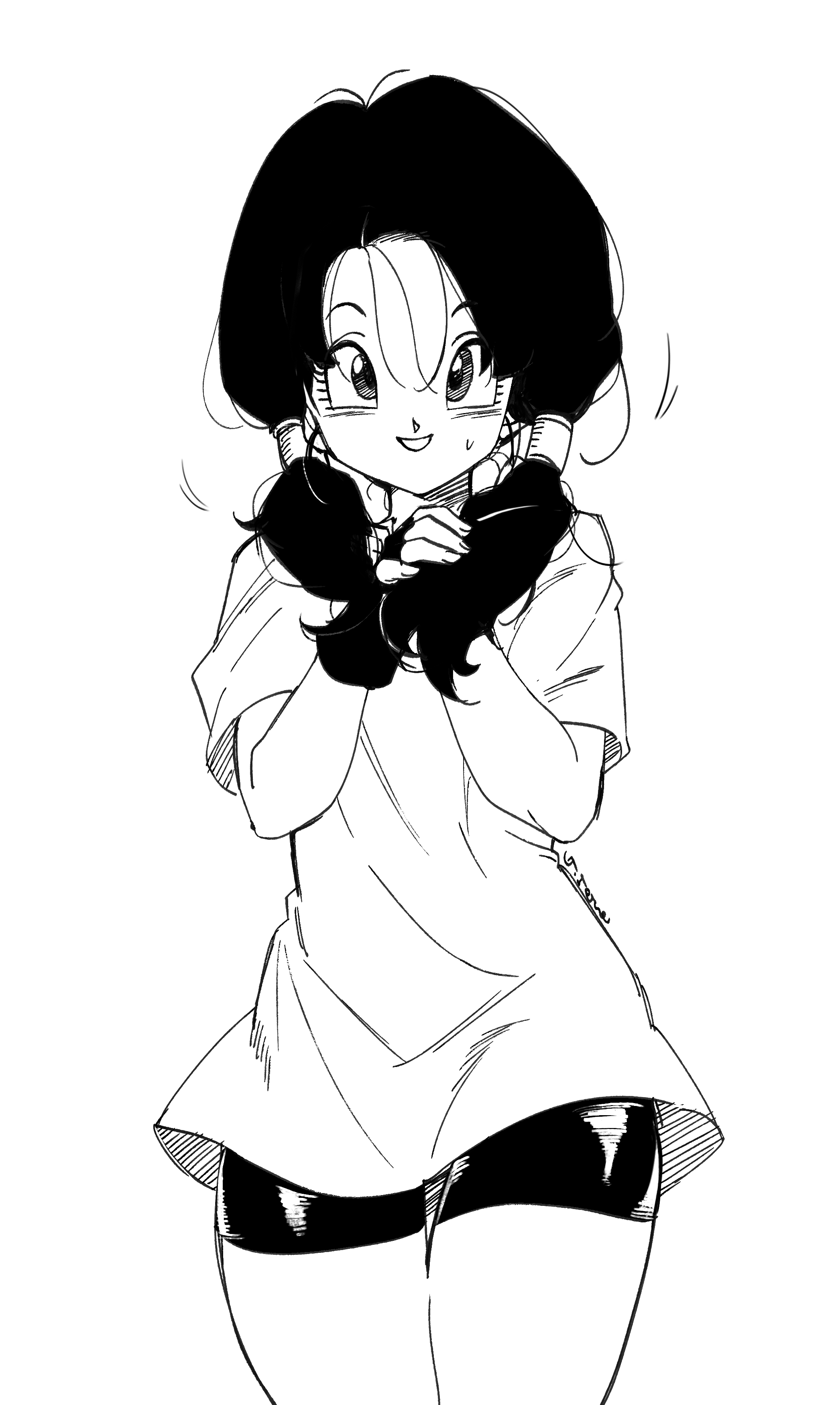 videl, dragon ball, dragonball z, absurdres, highres, 1girl, artist name, bike shorts, black gloves, black hair, cowboy shot, fingerless gloves, ghouse 01, gloves, greyscale, hand in own hair, long hair, long shirt, looking at viewer, low twintails, monochrome, motion lines, parted lips, shirt, short sleeves, signature, solo, straight-on, sweatdrop, thigh gap, thighs, twintails, white background, white shirt