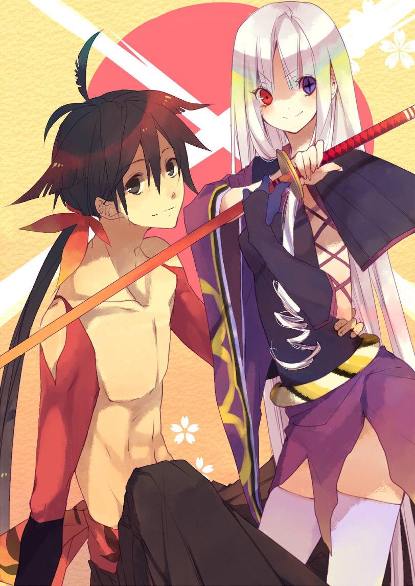 chomii, zetzetzet (chomi), togame, yasuri shichika, katanagatari, bad id, bad pixiv id, 1boy, 1girl, couple, hetero, heterochromia, japanese clothes, katana, long hair, sword, thighhighs, weapon, white hair