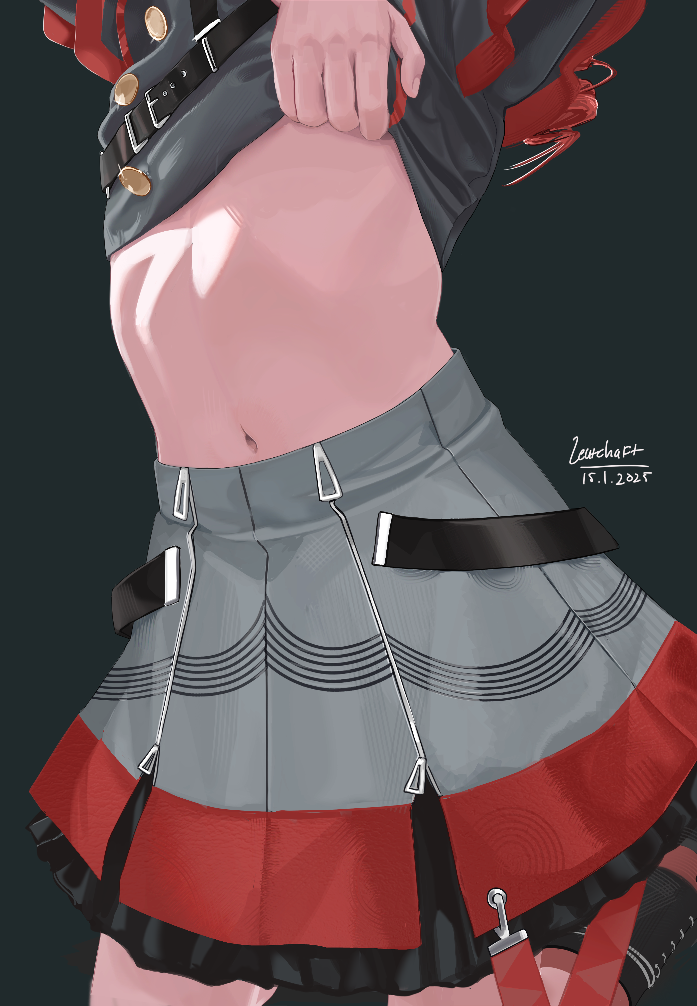 kasane teto, kasane teto (sv), synthesizer v, absurdres, commentary, english commentary, highres, 1girl, belt, belt skirt, black shoes, dated, drill hair, grey background, grey jacket, grey skirt, jacket, leutchaft, musical staff, musical staff print, navel, red hair, red trim, shoes, shoulder belt, signature, simple background, skirt, solo, stomach, striped clothes, striped skirt, twin drills, undressing