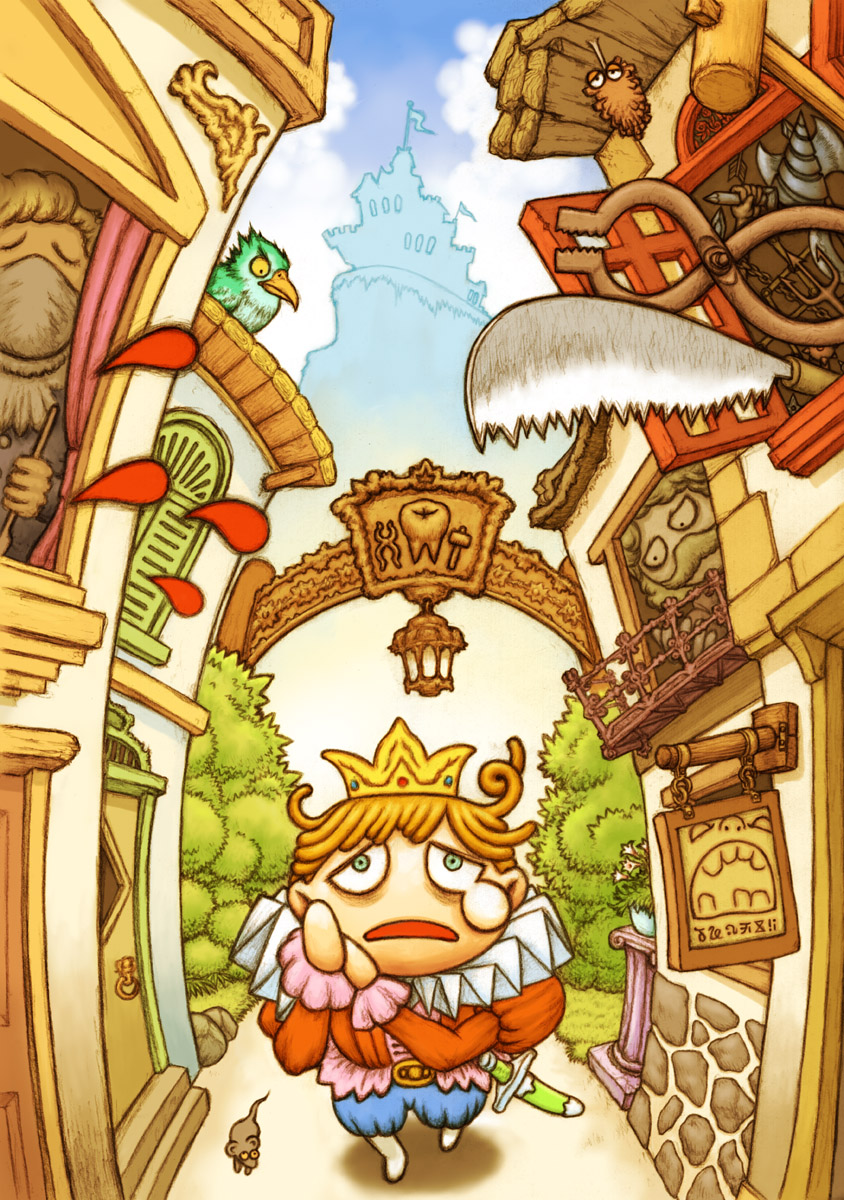 tenji sanmon, original, highres, aqua eyes, bird, blonde hair, blood, castle, chibi, crown, fantasy, hammer, japanese saw, mouse (animal), pliers, saw, tears