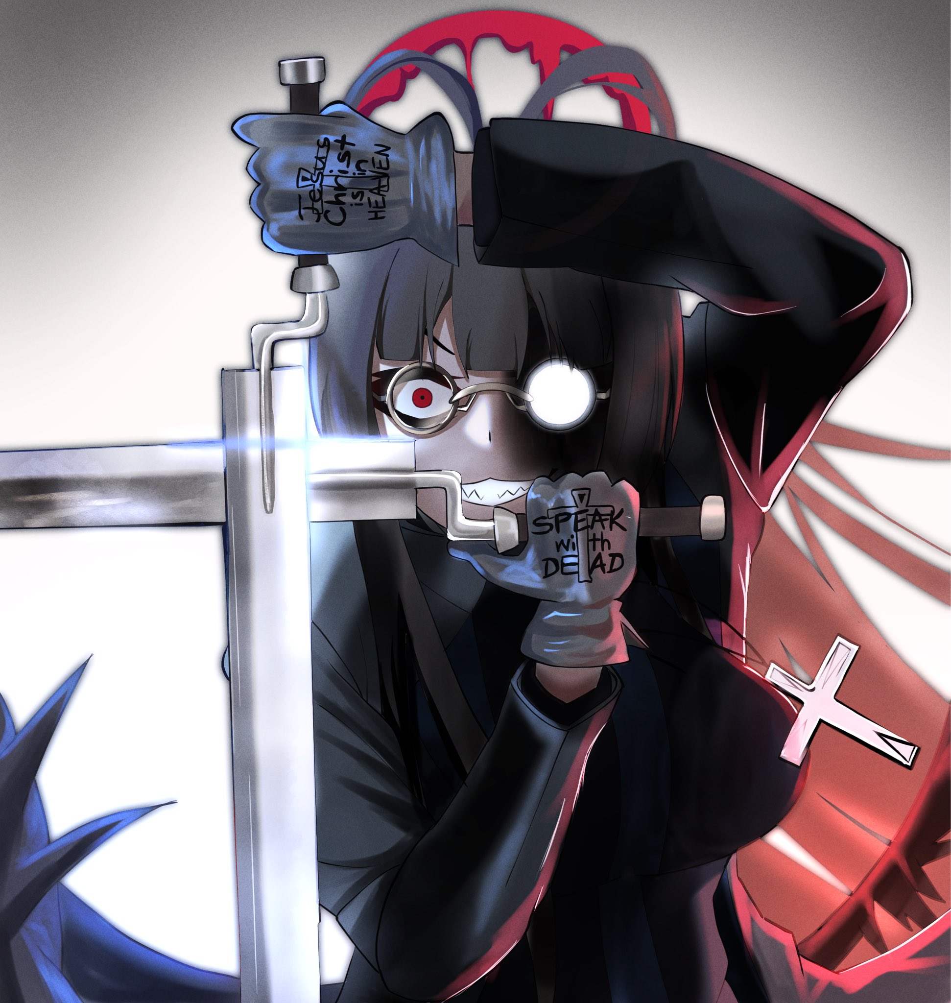 tsurugi (blue archive), blue archive, hellsing, character request, copyright request, highres, 1girl, black gloves, black hair, black wings, clothes writing, cross, dual wielding, glasses, gloves, halo, holding, holding sword, holding weapon, long hair, red eyes, sabo10 fighter, scene reference, sword, weapon, wings