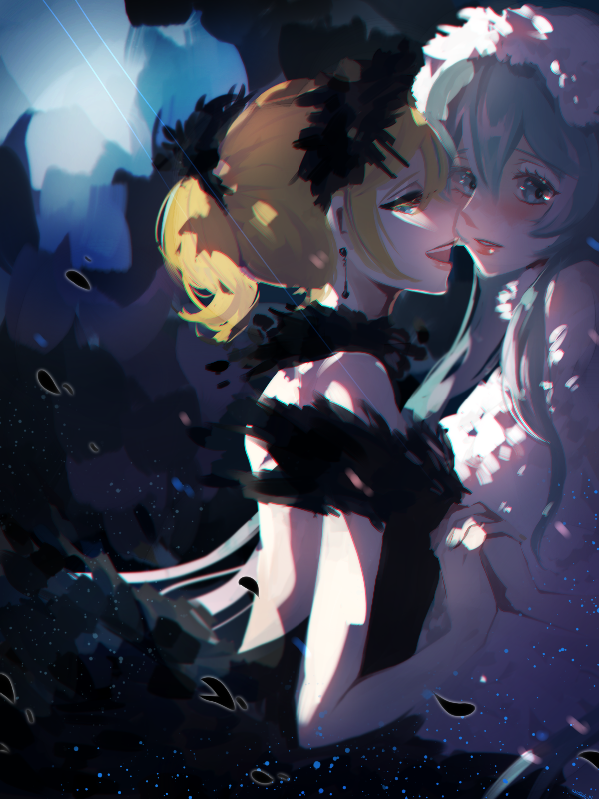 melling rl, black swan (miracle nikki), hatsune miku, kagamine rin, white swan (miracle nikki), miracle nikki, nikki (series), vocaloid, highres, 2girls, aqua hair, backless dress, backless outfit, ballerina, bare arms, bare back, bare shoulders, black choker, black dress, blonde hair, blue eyes, blue sky, blush, bow, choker, cowboy shot, day, dress, earrings, eye contact, eyelashes, feather-trimmed dress, feather choker, feather hair ornament, feather hairband, feather sleeves, feathers, hair bow, hair ornament, hairband, happy, imminent kiss, jewelry, light particles, light rays, lipstick, long hair, long sidelocks, looking at another, makeup, mountain, multiple girls, nervous, off-shoulder dress, off shoulder, open mouth, outdoors, parted lips, pink lips, pointy nose, ponytail, red lips, short hair, short ponytail, short sleeves, shoulder blades, sidelocks, sky, smile, teeth, upper teeth only, very long hair, white choker, white dress, white hairband, yuri