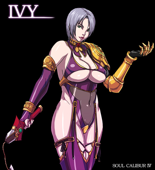 usatarou, isabella valentine, namco, soul calibur, soulcalibur, soulcalibur iv, 1girl, armor, bare shoulders, bodysuit, breasts, chainsword, cleavage, curvy, female focus, gloves, green hair, grey hair, hip focus, holding, large breasts, leather, midriff, navel, purple hair, short hair, solo, standing, thighhighs, underboob, weapon, whip, whip sword, wide hips