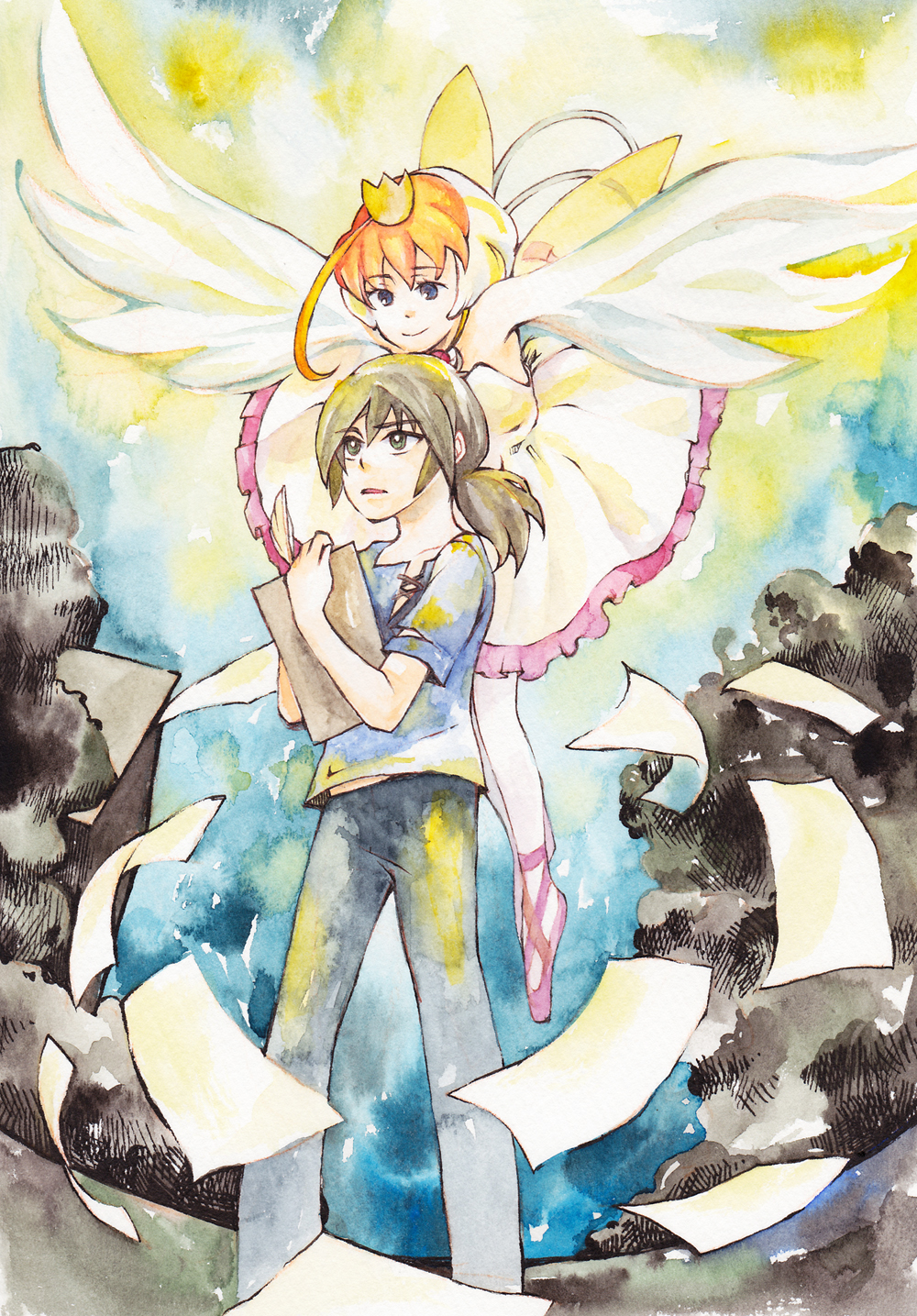yokomosu, ahiru (princess tutu), fakir (princess tutu), princess tutu (character), princess tutu, highres, painting (medium), traditional media, watercolor (medium), 1boy, 1girl, ahoge, ballerina, ballet, ballet dress, ballet slippers, bare shoulders, bird girl, bird wings, black hair, blue eyes, crown, dress, eyelashes, flying, holding, holding quill, jewelry, magical girl, necklace, orange hair, pants, pantyhose, paper, ponytail, quill, scene reference, shirt, short hair, smile, standing, tutu, wings