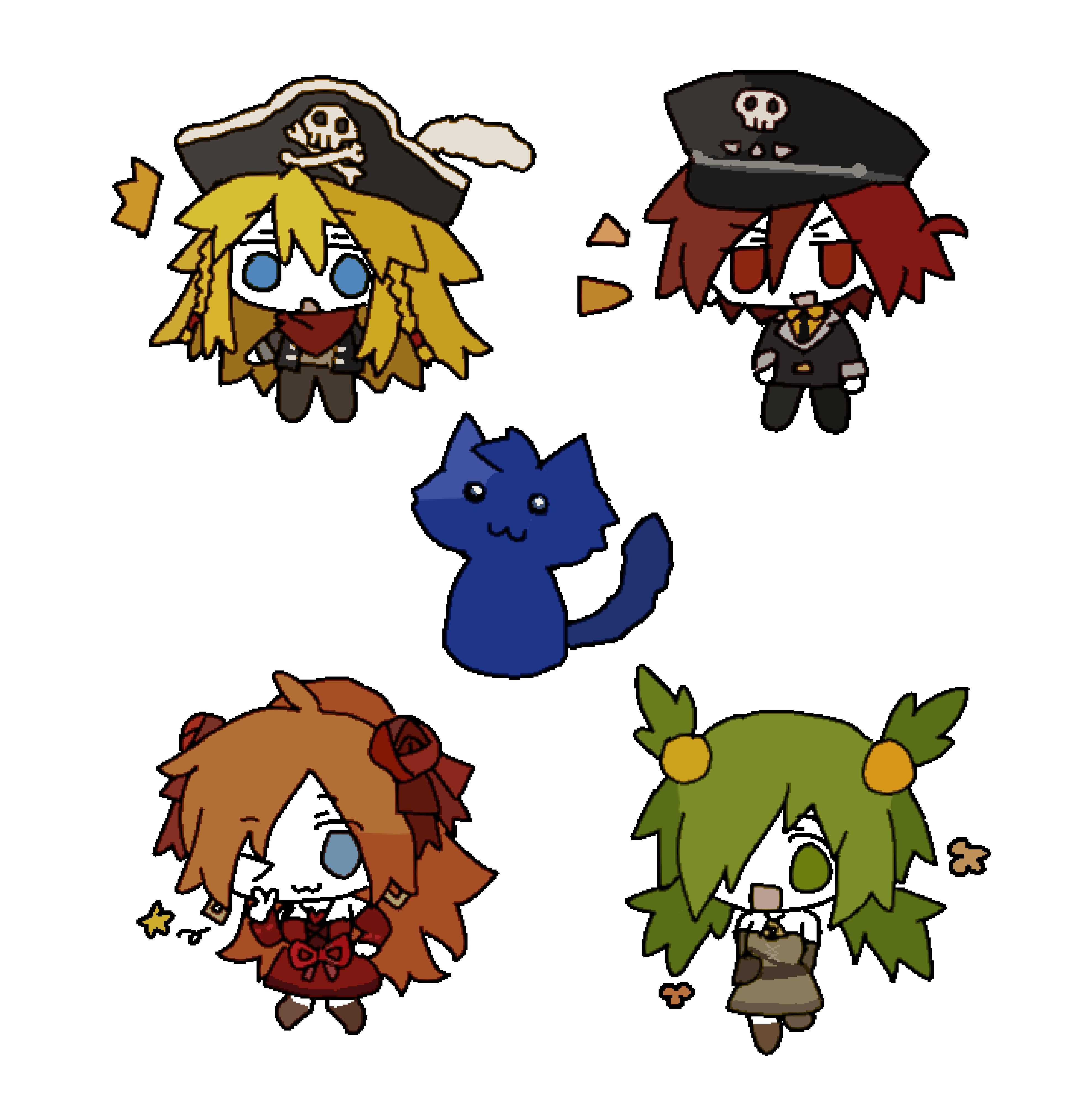 anna (epic battle fantasy), lance (epic battle fantasy), matt (epic battle fantasy), natalie (epic battle fantasy), nolegs (epic battle fantasy), epic battle fantasy, absurdres, highres, :3, :d, :o, ;3, anonymous1203, bare shoulders, black hat, black jacket, black pants, black suit, blue eyes, blue fur, braid, brown dress, brown shoes, cat, chibi, chibi only, dress, everyone, flower, formal clothes, green hair, hair over one eye, hat, jacket, long hair, one eye closed, open mouth, pants, pirate hat, red dress, red eyes, red flower, red hair, red rose, rose, shoes, simple background, smile, solid circle eyes, star (symbol), suit, twin braids, v, white background