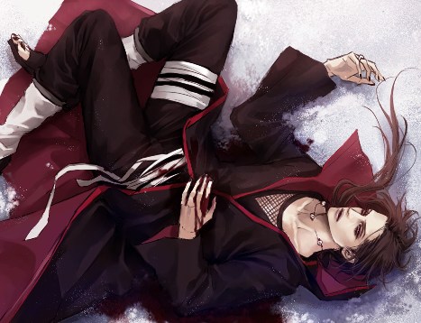 lily (artist), uchiha itachi, naruto (classic), naruto (series), lowres, 1boy, blood, male focus, snow, solo