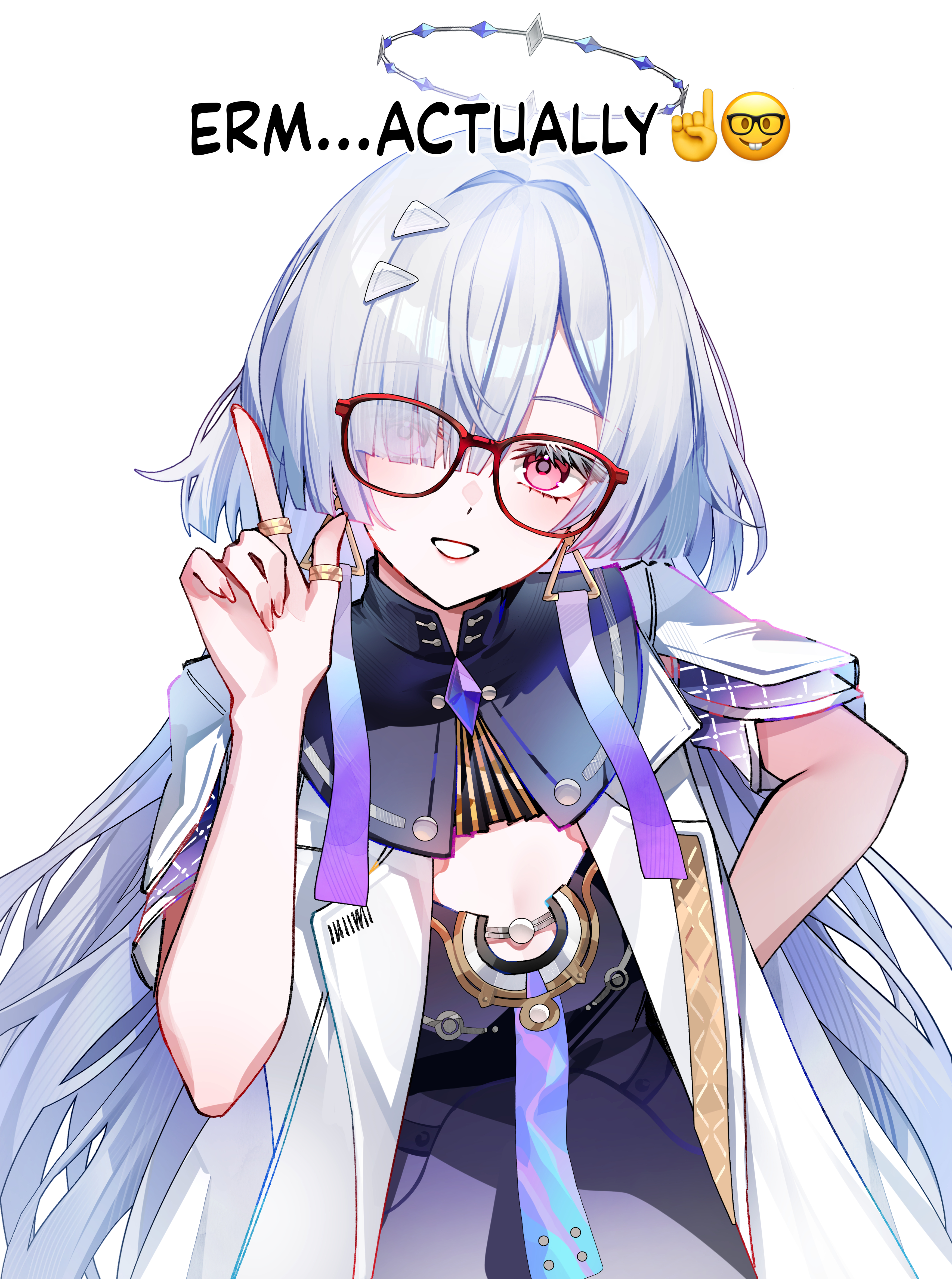 foxyreine, mornye (wuthering waves), wuthering waves, absurdres, commentary, highres, 1girl, ackchyually (meme), arm behind back, dress, earrings, emoji, english text, eyes visible through hair, fingernails, glasses, grey hair, hair ornament, hair over one eye, halo, hand up, index finger raised, jacket, jewelry, long hair, looking at viewer, meme, purple dress, red-framed eyewear, red eyes, signature, simple background, smile, solo, triangle earrings, upper body, white background, white jacket