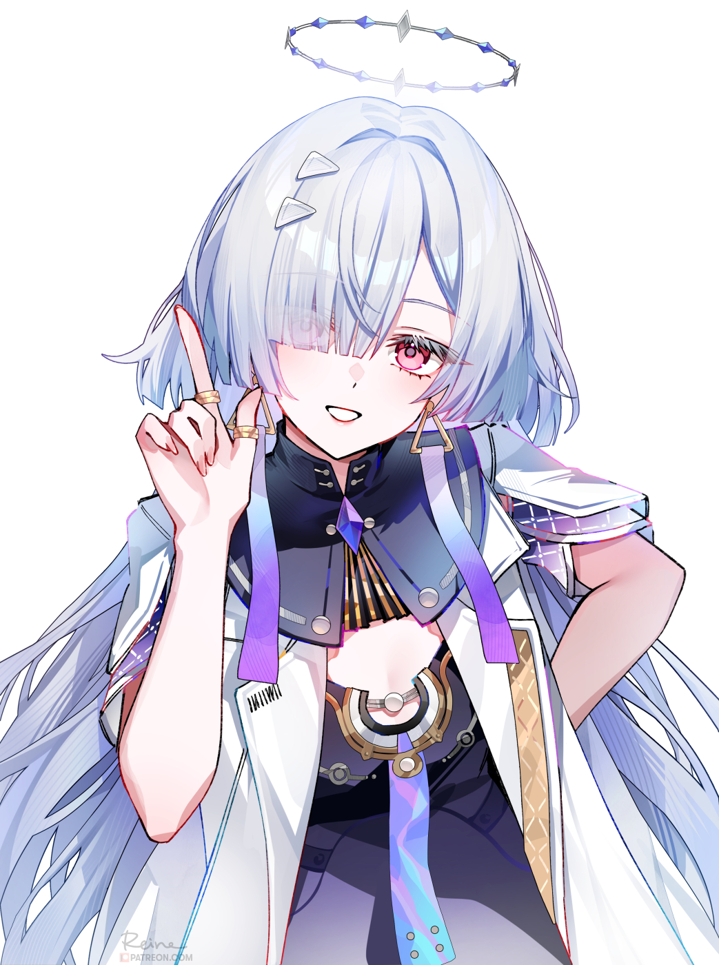 foxyreine, mornye (wuthering waves), wuthering waves, commentary, highres, 1girl, arm behind back, dress, earrings, emoji, eyes visible through hair, fingernails, grey hair, hair ornament, hair over one eye, halo, hand up, index finger raised, jacket, jewelry, long hair, looking at viewer, purple dress, red eyes, signature, simple background, smile, solo, triangle earrings, upper body, white background, white jacket