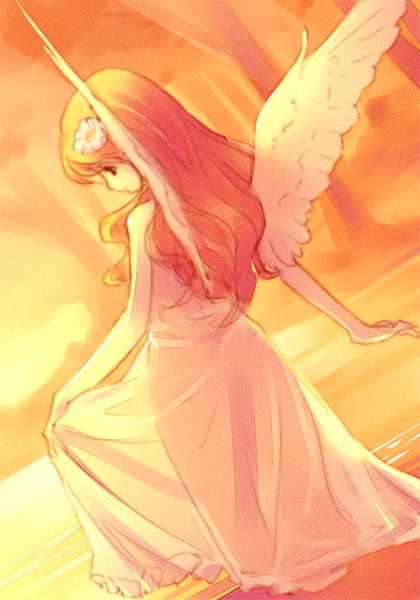 futaba jun, original, 1girl, angel wings, blonde hair, clothes lift, dress, dress lift, female focus, flower, from behind, hair flower, hair ornament, long hair, nature, outdoors, see-through clothes, skirt hold, solo, sunset, wading, water, wings