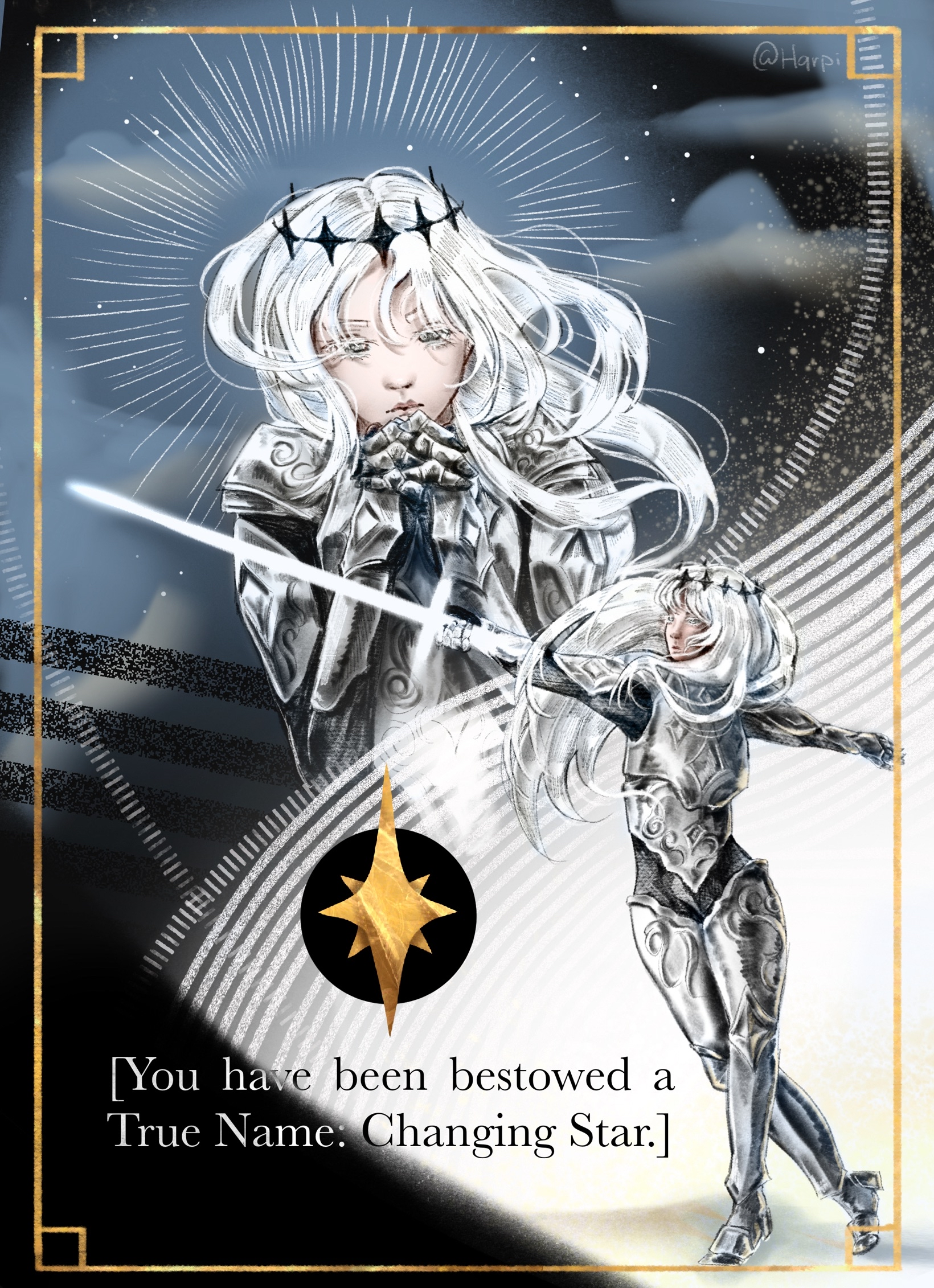 nephis (shadow slave), shadow slave, highres, 1girl, armor, breastplate, contrapposto, crown, full body, grey eyes, halo, halo behind head, holding, holding sword, holding weapon, hqrp, long hair, multiple views, night, outstretched arm, own hands clasped, own hands together, shoulder armor, sword, weapon, white hair, wind, wind lift