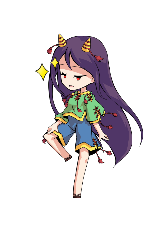 dairi, nippaku zanmu, touhou, commentary request, large variant set, variant set, 1girl, blue shorts, chibi, chibi only, cone horns, full body, green shirt, half-closed eyes, horn ornament, horns, long hair, parted lips, purple hair, red eyes, sandals, shirt, shorts, simple background, solo, sparkle, standing, standing on one leg, tachi-e, transparent background, very long hair, yellow horns