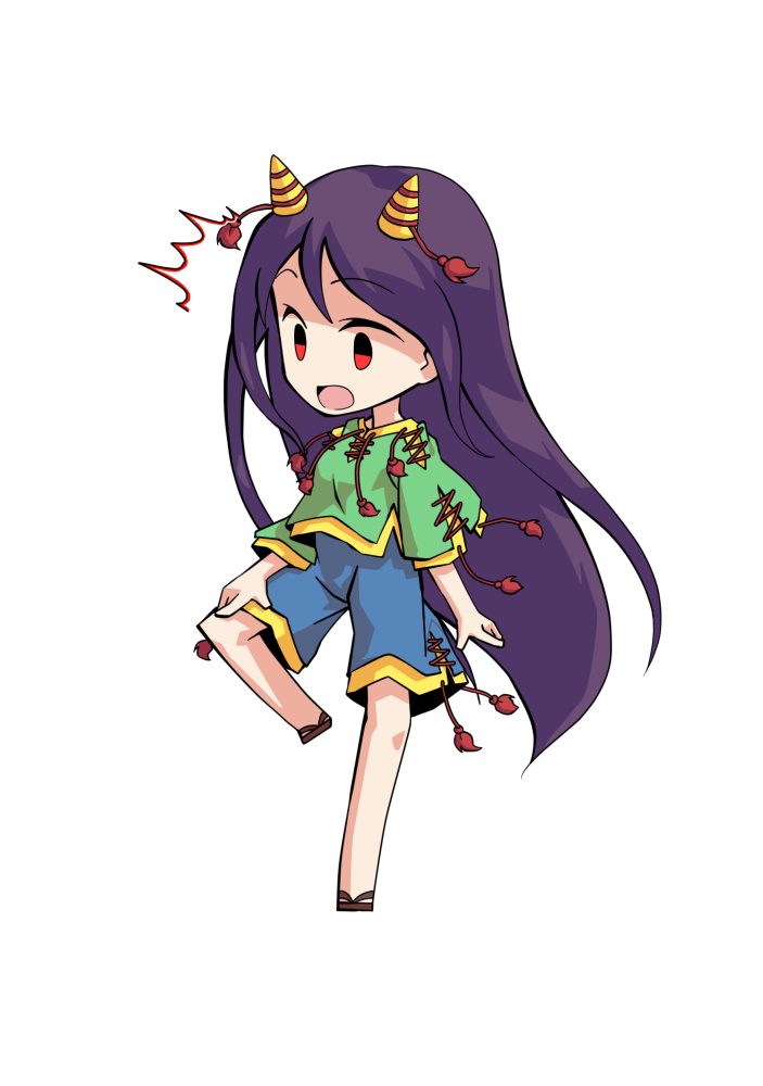 dairi, nippaku zanmu, touhou, commentary request, large variant set, variant set, 1girl, blue shorts, chibi, chibi only, cone horns, full body, green shirt, horn ornament, horns, long hair, open mouth, purple hair, red eyes, sandals, shirt, shorts, simple background, solo, standing, standing on one leg, tachi-e, transparent background, very long hair, yellow horns