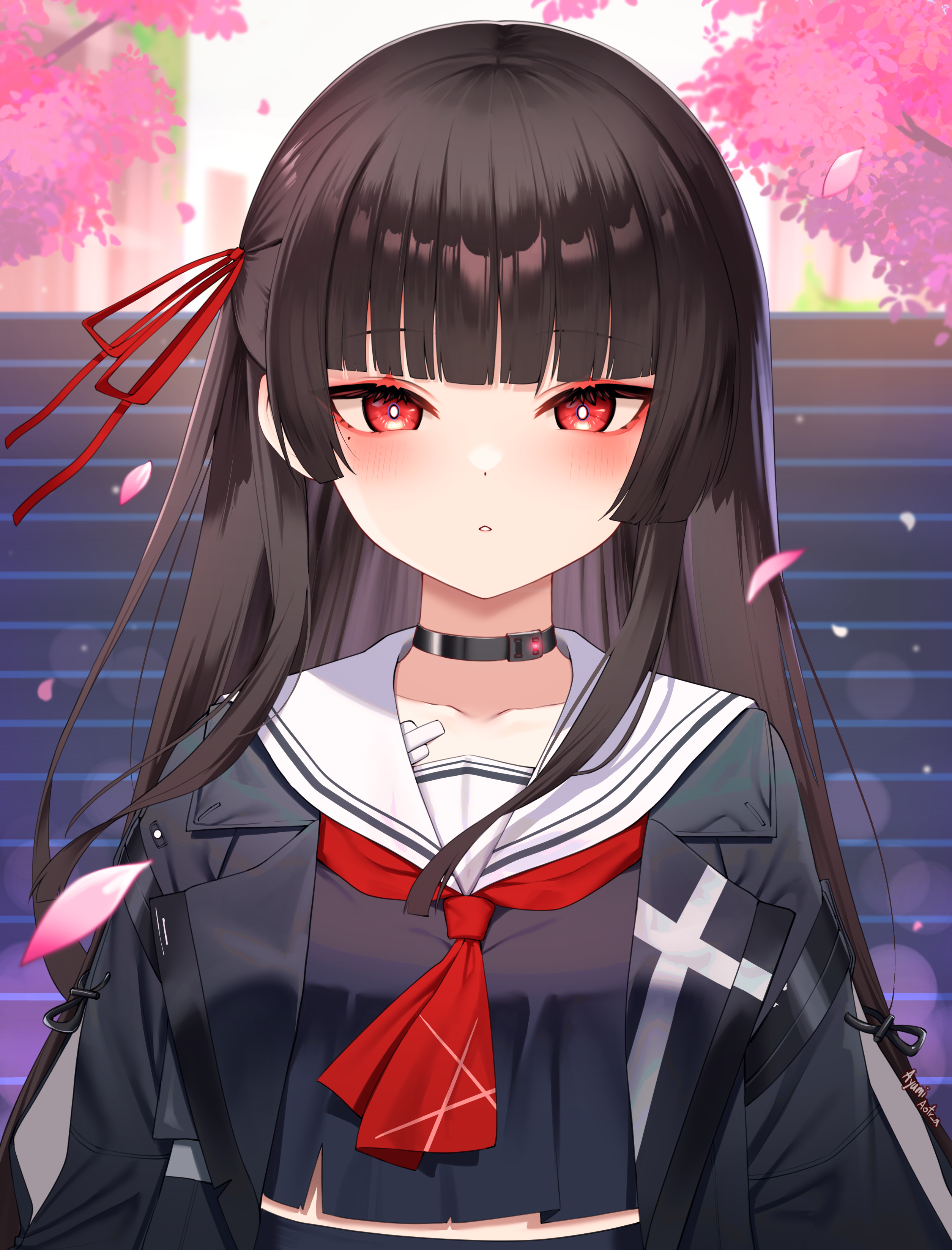 chisa (wuthering waves), wuthering waves, absurdres, commentary request, highres, 1girl, artist name, ayumi aotr a, black choker, black hair, black jacket, black shirt, blush, breasts, bright pupils, choker, collarbone, hair ribbon, jacket, long hair, looking at viewer, medium breasts, mole, mole under eye, neckerchief, outdoors, parted lips, petals, pink petals, red eyes, red neckerchief, red ribbon, ribbon, sailor collar, shirt, solo, upper body, white pupils, white sailor collar