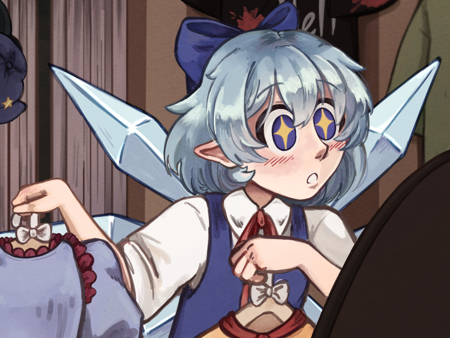 drawingcrows, cirno, touhou, commentary, english commentary, + +, 1girl, :o, blue bow, blue eyes, bow, clothes hanger, dress, grey hair, hair bow, holding, holding clothes hanger, ice, ice wings, indoors, looking at mirror, mirror, pointy ears, short hair, short sleeves, upper body, wings