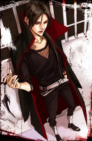 lily (artist), uchiha itachi, naruto (classic), naruto (series), lowres, 1boy, jewelry, kunai, male focus, ring, solo, weapon