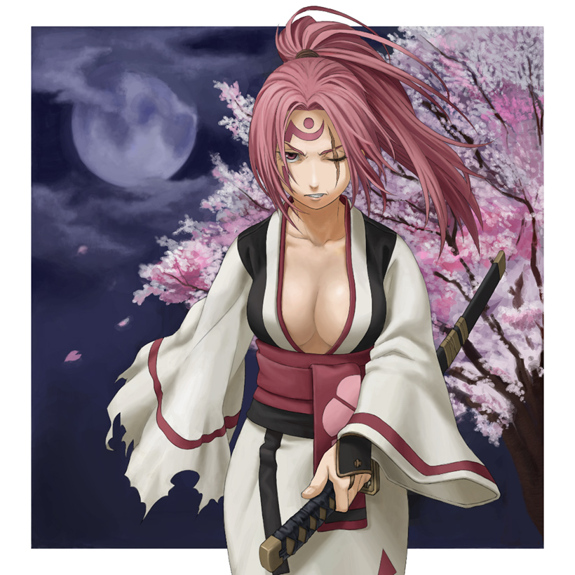 yoshihara yochiko, baiken, arc system works, guilty gear, 1girl, breasts, cherry blossoms, cleavage, female focus, japanese clothes, katana, kimono, large breasts, moon, night, obi, open clothes, open kimono, petals, pink eyes, pink hair, ponytail, samurai, sash, scar, scowl, sheath, solo, sword, tattoo, weapon, wince