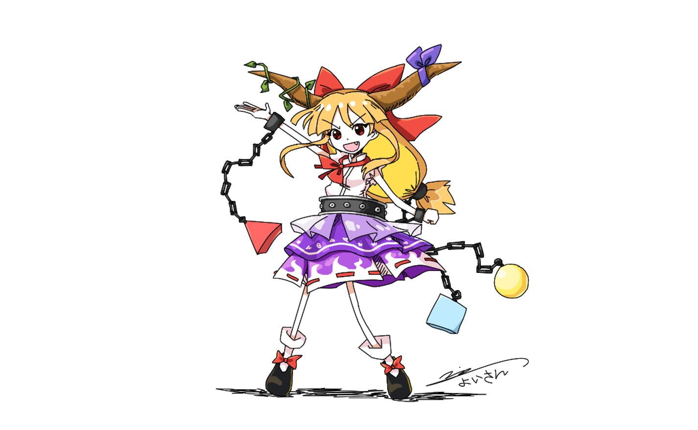 yoiy san, ibuki suika, touhou, 1girl, chain, fang, hair ornament, horns, long hair, open mouth, orange hair, red eyes, signature