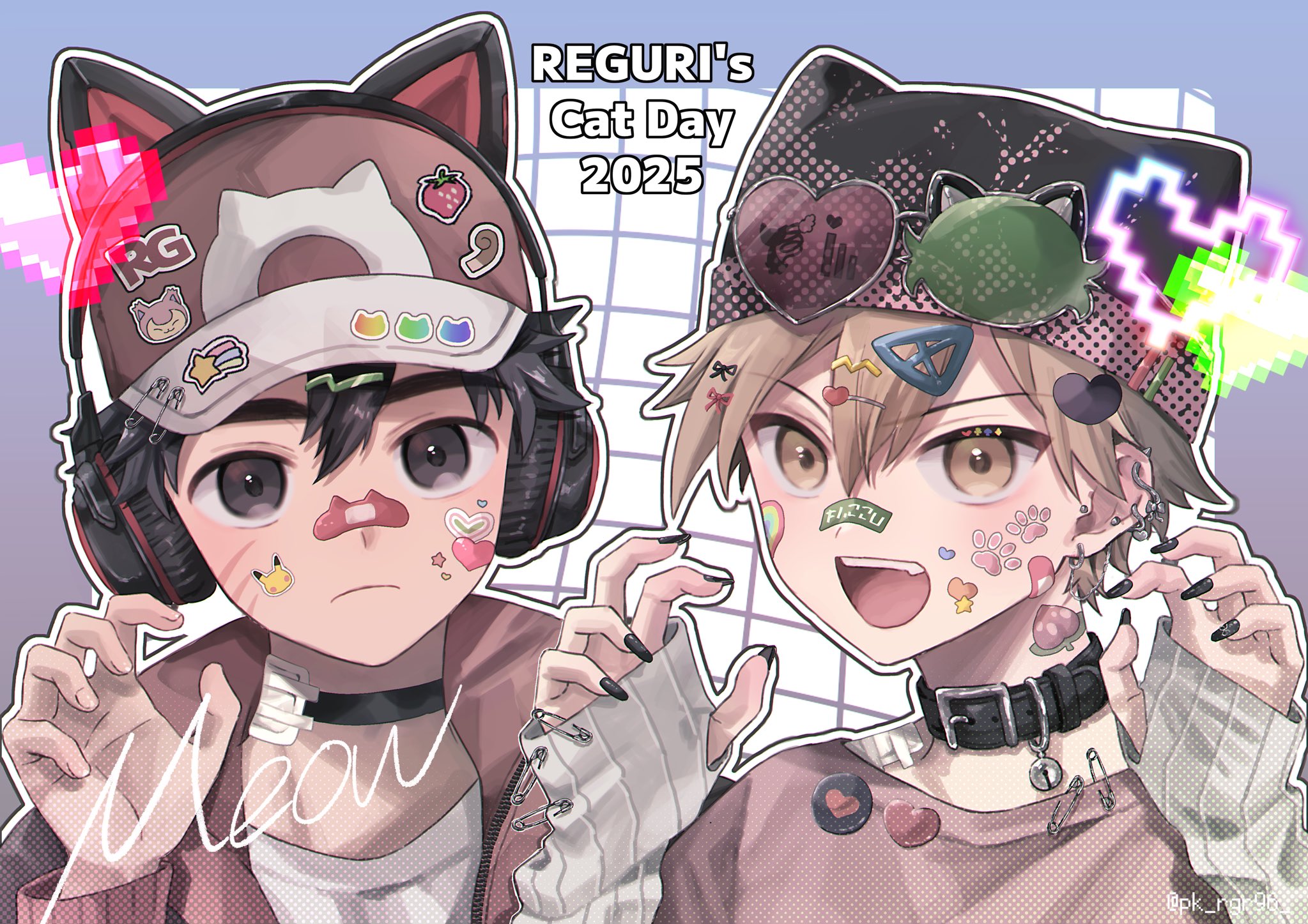 pk rgr96, blue oak, red (pokemon), nintendo, pokemon, commentary request, highres, 2025, 2boys, alternate costume, animal ears, arms up, badge, bandaid, bandaid on face, bandaid on nose, baseball cap, belt buckle, belt collar, black collar, black hair, black nails, brown eyes, brown hair, buckle, button badge, cat ears, claw pose, closed mouth, collar, crew neck, ear piercing, earrings, english text, fake animal ears, frown, hair between eyes, hat, headphones, heart, jewelry, male focus, multiple boys, nail polish, open clothes, open mouth, open shirt, piercing, pixel heart, red shirt, romaji text, safety pin, shirt, sleeves past wrists, sticker, sticker on face, teeth, upper body, upper teeth only, white shirt