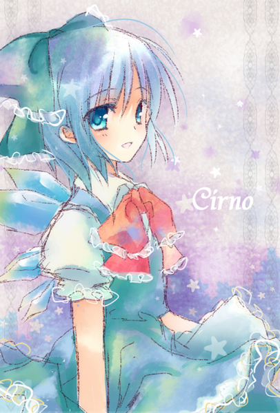 mutsu (kitakaze berry), cirno, touhou, touhou hisoutensoku, 1girl, blouse, blue eyes, blue hair, bow, bowtie, collared shirt, female focus, from side, hair bow, shirt, solo, white shirt, wings