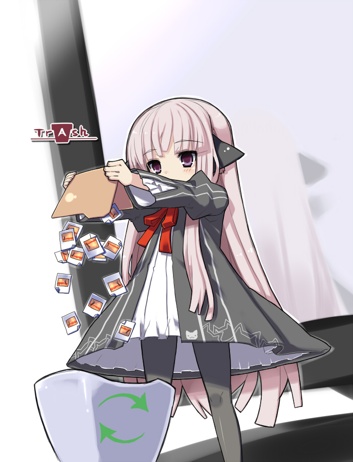 gozen shinshi, os-tan, silver hair, 1girl, female focus, folder, legs, long hair, pantyhose, recycle bin, reflection, solo, trash, very long hair