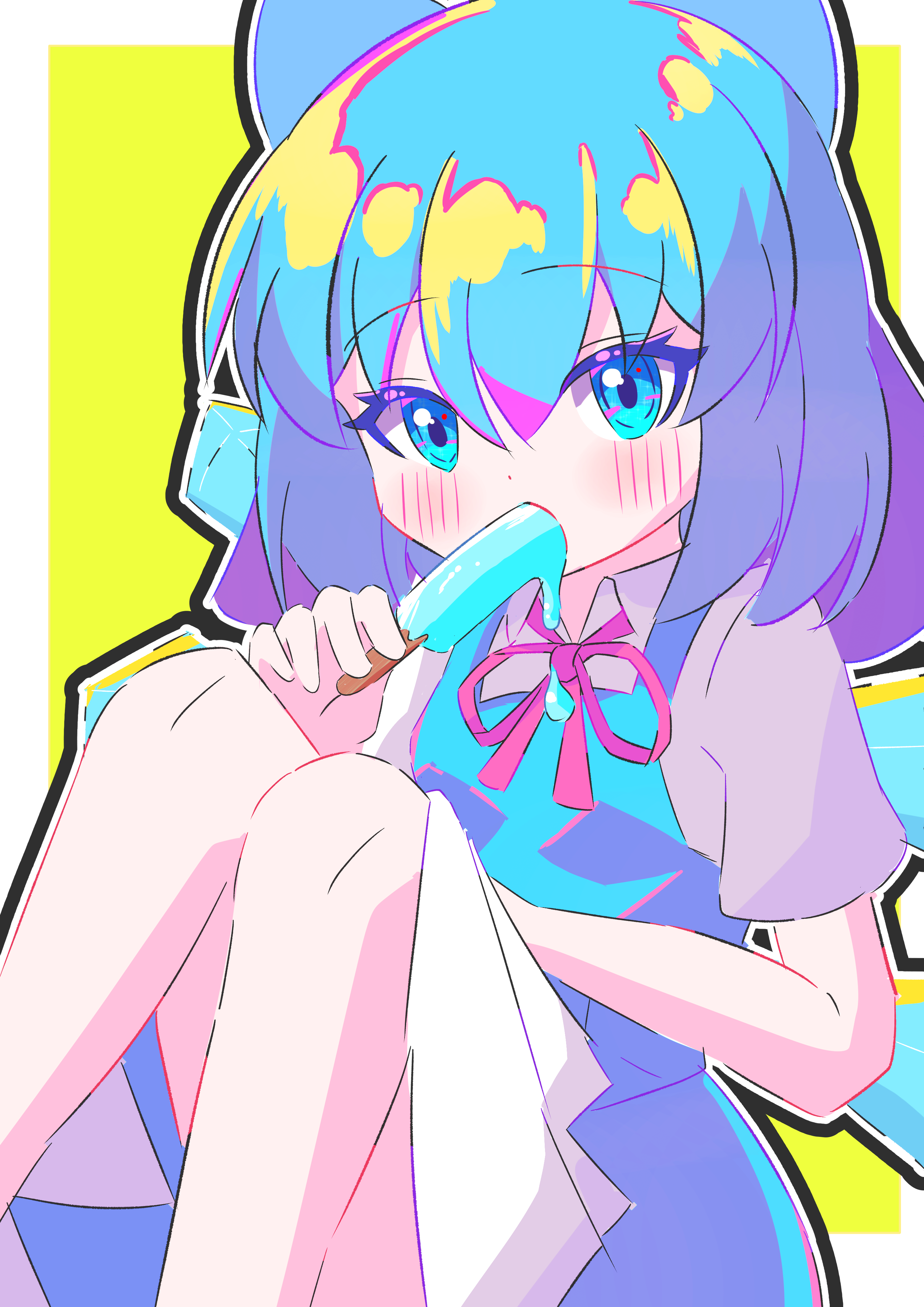 hse, cirno, touhou, absurdres, highres, 1girl, black outline, blue bow, blue dress, blue eyes, blue hair, blush, border, bow, double-parted bangs, dress, food, hair between eyes, hair bow, knees up, looking at viewer, medium hair, outline, outside border, pinafore dress, popsicle, shirt, short sleeves, sidelocks, simple background, sitting, sleeveless, sleeveless dress, solo, white border, white outline, white shirt