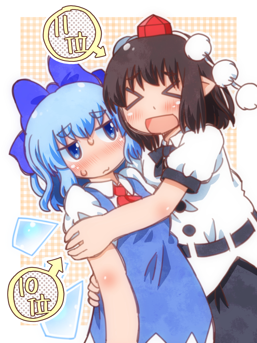 matty (zuwzi), cirno, shameimaru aya, touhou, commentary request, highres, translation request, > <, 2girls, ascot, black bow, black bowtie, black skirt, blue bow, blue dress, blue eyes, blue hair, blush, bow, bowtie, brown hair, collared shirt, detached wings, dress, hair bow, hat, hug, ice, ice wings, medium hair, multiple girls, no wings, open mouth, pinafore dress, pointy ears, pom pom (clothes), puffy short sleeves, puffy sleeves, red ascot, red hat, shirt, short sleeves, skirt, sleeveless, sleeveless dress, smile, sweat, tokin hat, touhou 21st popularity poll, white shirt, wings