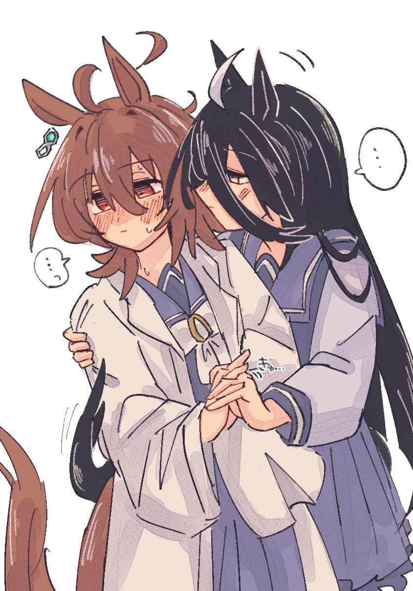 gachitamago, agnes tachyon (umamusume), manhattan cafe (umamusume), umamusume, commentary request, highres, …, 2girls, ahoge, animal ears, black hair, blush, bow, bowtie, brown hair, chemical structure, closed mouth, coat, earrings, hair between eyes, holding hands, horse ears, horse girl, horse tail, huge ahoge, jewelry, lab coat, long bangs, long hair, long hair between eyes, long sleeves, looking at another, medium hair, multicolored hair, multiple girls, pleated skirt, purple sailor collar, purple serafuku, purple shirt, purple skirt, red eyes, sailor collar, sailor shirt, school uniform, serafuku, shirt, simple background, single earring, skirt, speech bubble, spoken ellipsis, sweatdrop, tail, tracen school uniform, very long hair, white background, white bow, white bowtie, white coat, white hair, wolf cut, yellow eyes, yuri