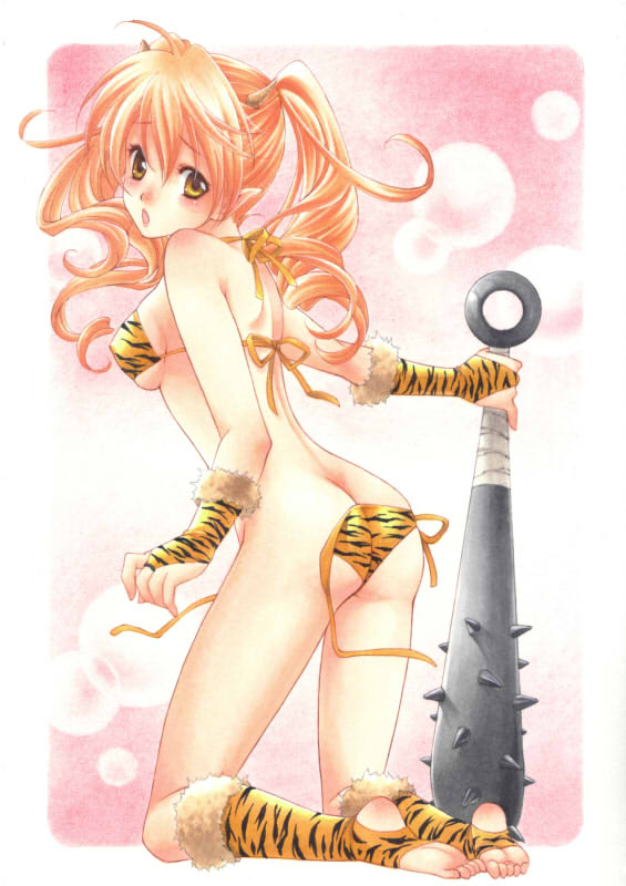 trimcolor, original, bad id, bad pixiv id, jpeg artifacts, traditional media, 1girl, animal print, ass, barefoot, bikini, blonde hair, breasts, bridal gauntlets, brown eyes, butt crack, feet, female focus, full body, gradient background, horns, kneehighs, looking back, oni, open mouth, pointy ears, side-tie bikini bottom, socks, solo, swimsuit, tiger print, toeless legwear, twintails, weapon