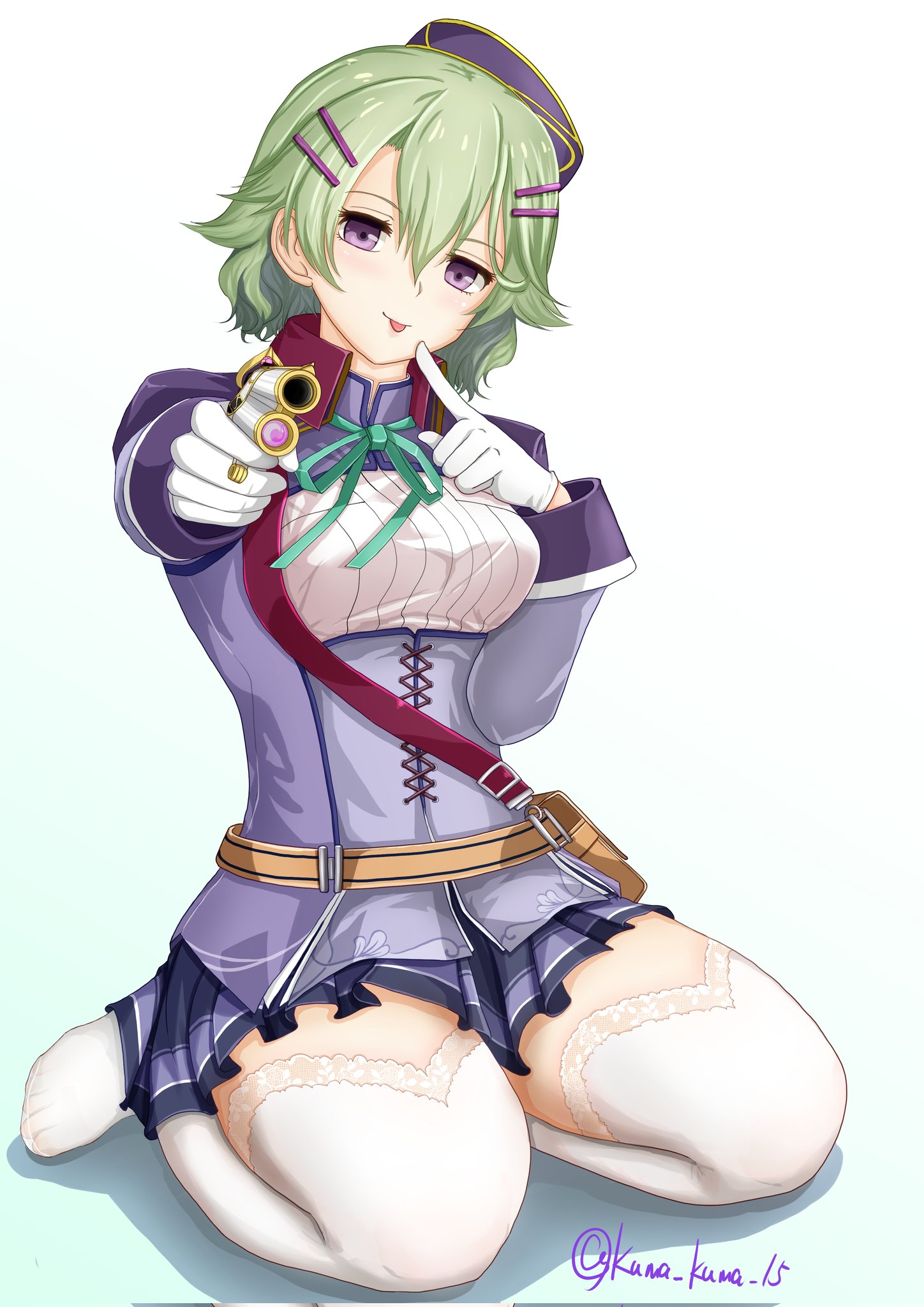kuma kuma 15, musse egret, eiyuu densetsu, sen no kiseki, sen no kiseki (series), sen no kiseki iii, commentary, highres, 1girl, :p, aiming, aiming at viewer, artist name, belt, belt pouch, black hat, breasts, brown belt, closed mouth, finger to mouth, framed breasts, gloves, green hair, green ribbon, gun, hair between eyes, hair ornament, hairclip, hat, holding, holding gun, holding weapon, medium breasts, miniskirt, neck ribbon, no shoes, parallel hairclips, pleated skirt, pouch, purple eyes, purple shirt, purple skirt, ribbon, seiza, shirt, short hair, sitting, skirt, smile, solo, thick thighs, thighhighs, thighs, tongue, tongue out, twitter username, weapon, white gloves, white thighhighs, zettai ryouiki
