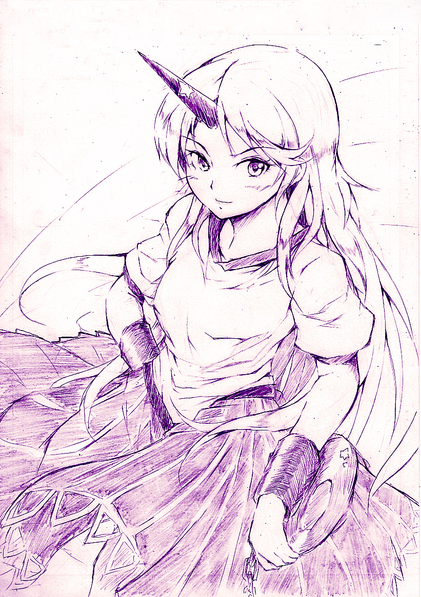 vent arbre, hoshiguma yuugi, touhou, 1girl, female focus, horns, monochrome, purple background, purple theme, single horn, sketch, solo