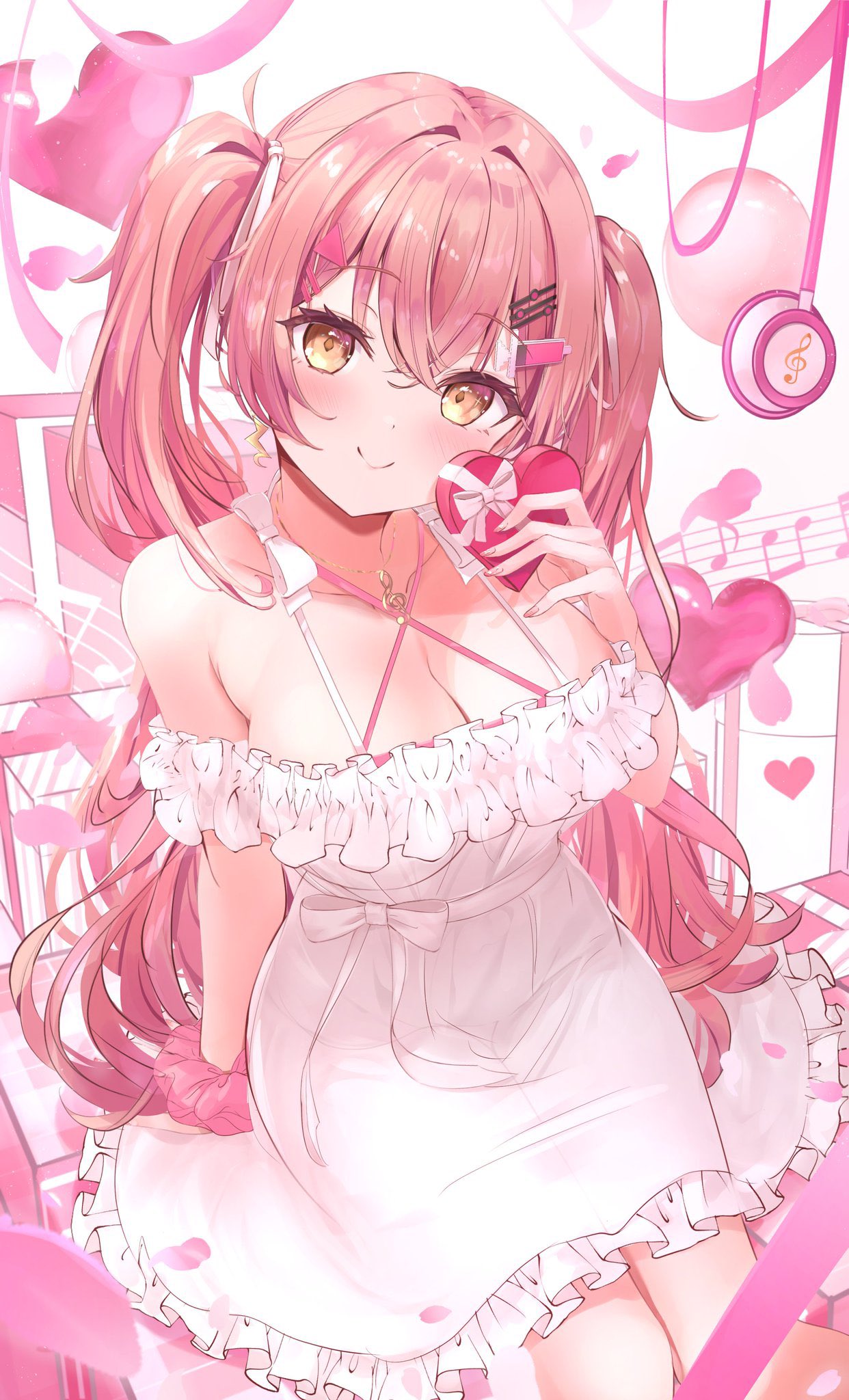hai 0013, minaton, indie virtual youtuber, commission, highres, second-party source, 1girl, balloon, bare shoulders, breasts, candy, chocolate, chocolate heart, cleavage, dress, food, gift, hair ornament, hair ribbon, hairclip, heart, heart-shaped food, heart balloon, large breasts, long hair, looking at viewer, musical note, off-shoulder dress, off shoulder, pink hair, pink scrunchie, ribbon, scrunchie, smile, solo, spaghetti strap, twintails, valentine, virtual youtuber, white dress, white ribbon, yellow eyes
