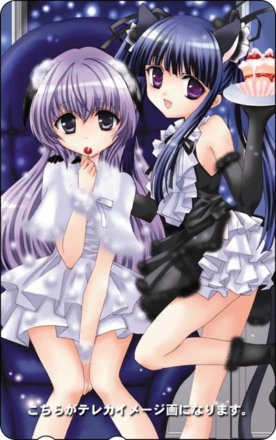 houjou yutori, furude rika, hanyuu, higurashi no naku koro ni, animal ears, blue eyes, blue hair, cake, candy, cat ears, dessert, dress, food, frills, horns, lollipop, pastry, purple eyes, purple hair, ribbon, swirl lollipop, tray, twintails