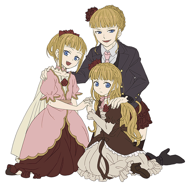beatrice (umineko), ushiromiya beatrice, umineko no naku koro ni, 3girls, :<, aged down, alternate costume, alternate hairstyle, blonde hair, blue eyes, choker, costume chart, dress, fang, flower, frills, multiple girls, multiple persona, necktie, ribbon, rose, skirt, time paradox