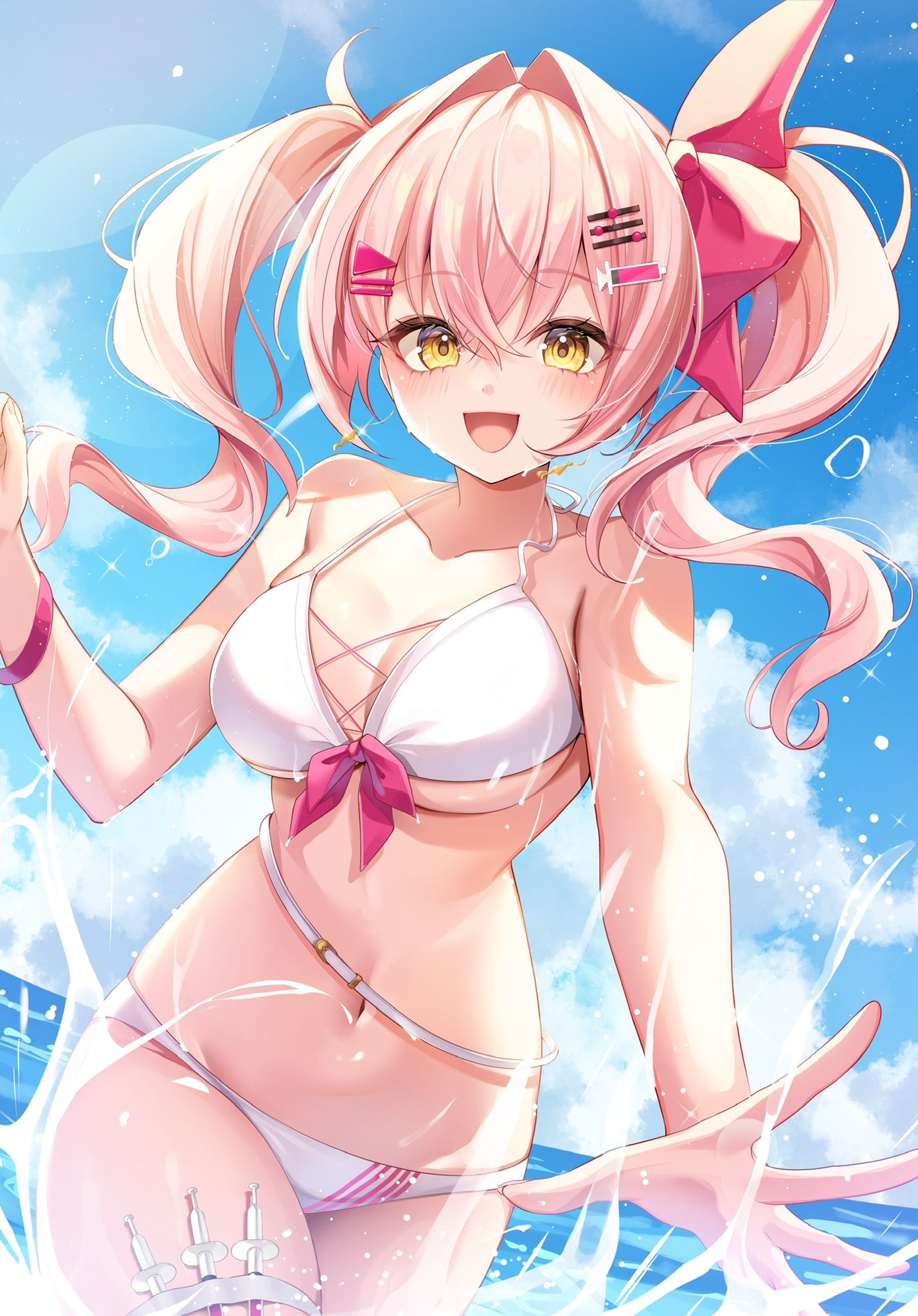miyagi ratona, minaton, indie virtual youtuber, commentary, commission, english commentary, highres, second-party source, 1girl, bare shoulders, bikini, blue sky, breasts, cleavage, cloud, collarbone, hair ornament, hair ribbon, hairclip, holster, large breasts, long hair, navel, open mouth, pink hair, red ribbon, ribbon, sky, solo, splashing, swimsuit, syringe, syringe holster, thigh holster, twintails, virtual youtuber, water, white bikini, yellow eyes