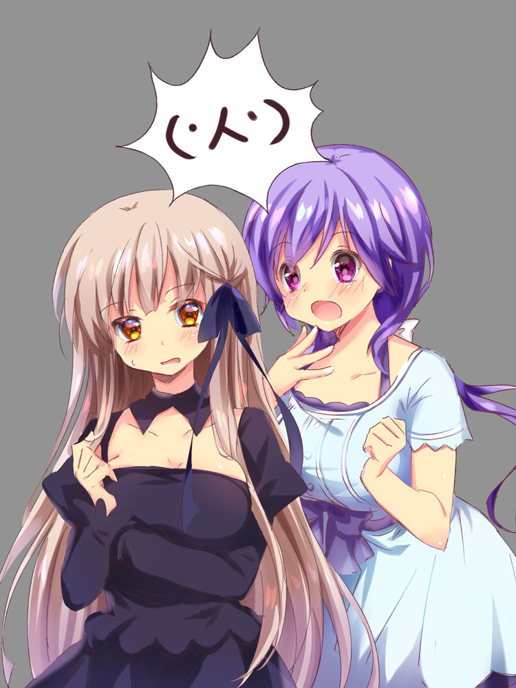 lliissaawwuu2, mizuori shizuku, senri akane, key (company), rewrite, summer pockets, chinese commentary, commentary request, :o, arm under breasts, black bow, black dress, black ribbon, blue dress, blunt bangs, blush, bow, breasts, brown hair, clenched hand, collarbone, company connection, cowboy shot, crossover, detached collar, dress, dress bow, frown, grey background, hair between eyes, hair bow, hair ribbon, hand up, juliet sleeves, large breasts, long hair, long sleeves, looking at another, low ponytail, open mouth, pink eyes, ponytail, puffy sleeves, purple bow, purple hair, ribbon, short sleeves, simple background, speech bubble, spoken expression, surprised, trait connection, very long hair, white bow, yellow eyes