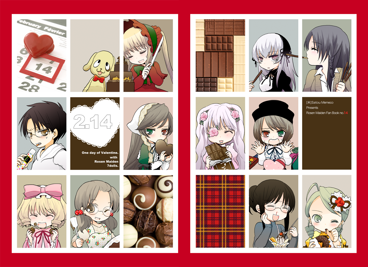 satou memeko, hinaichigo, kakizaki megu, kanaria, kirakishou, kunkun, kusabue mitsu, sakurada jun, sakurada nori, shinku, souseiseki, suigintou, suiseiseki, rozen maiden, silver hair, 00s, 1boy, 6+girls, blonde hair, blood, blush, bonnet, bow, bowl, braid, brown eyes, brown hair, cake, chocolate, closed eyes, cooking, dress, drill hair, eating, eyepatch, food, glasses, green hair, hair bobbles, hair ornament, hairband, hat, heart, heart-shaped food, heterochromia, ice cream, knife, long hair, mouth hold, multiple girls, nosebleed, one eye closed, pastry, pink bow, pink hair, pocky, purple eyes, short hair, sidelocks, spatula, sundae, twintails, valentine, wink