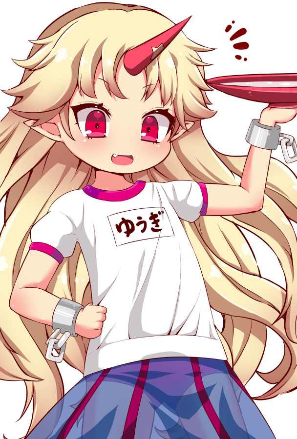 muuba, hoshiguma yuugi, touhou, translation request, 1girl, blonde hair, blue skirt, blush, buruma, buruma under skirt, cuffs, flat chest, gym uniform, hand on own hip, holding, horns, long hair, looking down, open mouth, red buruma, red eyes, red horns, see-through clothes, see-through skirt, shirt, simple background, single horn, skirt, smile, solo, very long hair, white background, white shirt