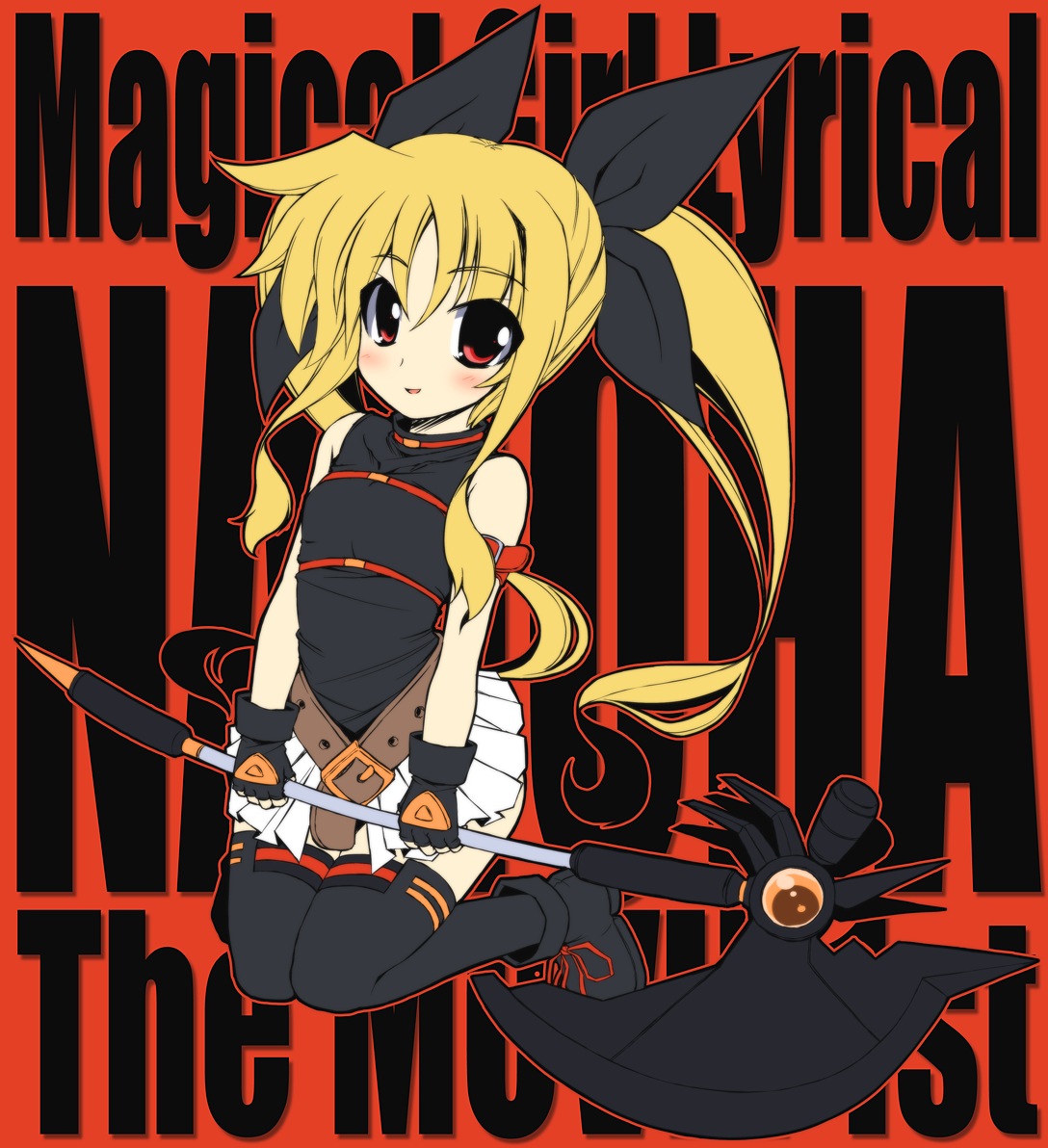crazy developers, bardiche (axe form) (nanoha), bardiche (nanoha), fate testarossa, fate testarossa (movie 1st form), lyrical nanoha, mahou shoujo lyrical nanoha, mahou shoujo lyrical nanoha the movie 1st, bad id, bad pixiv id, 10s, belt, blonde hair, blush, cape, hair ribbon, long hair, red eyes, ribbon, skirt, solo, staff, thighhighs, twintails, zettai ryouiki