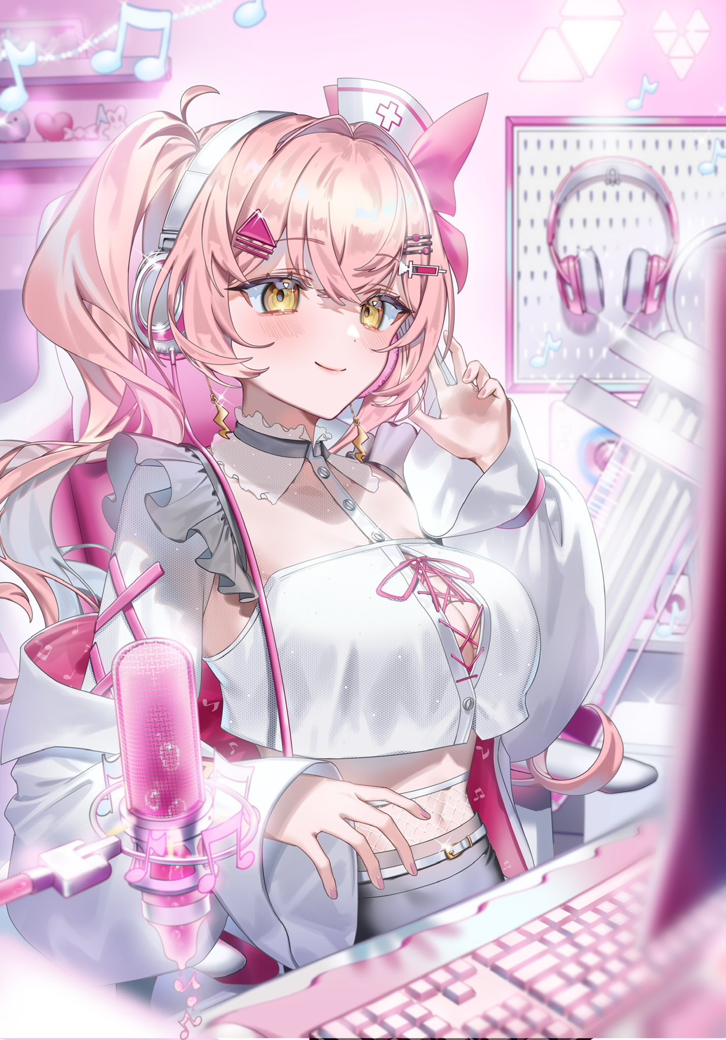 mu 005555, minaton, indie virtual youtuber, commission, highres, skeb commission, 1girl, computer keyboard, crop top, detached sleeves, drill hair, hair ornament, hair ribbon, hairclip, hat, headphones, indoors, long hair, long sleeves, microphone, midriff, musical note, navel, nurse cap, pink hair, pink ribbon, ribbon, solo, twin drills, twintails, virtual youtuber, wide sleeves, yellow eyes