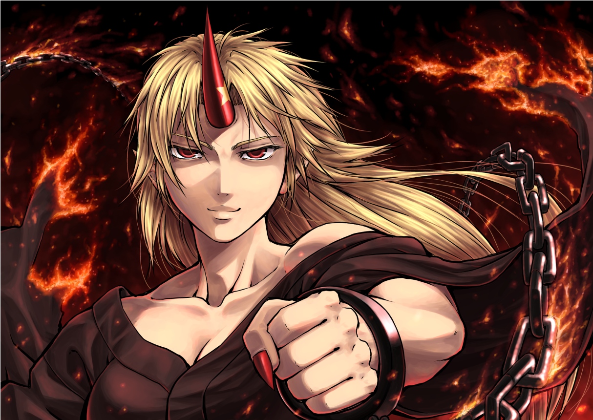tatsuya (artist), tatsuya (atelier road), hoshiguma yuugi, touhou, 1girl, blonde hair, breasts, chain, cleavage, clenched hand, cuffs, female focus, horns, long hair, medium breasts, oni, pointy ears, red eyes, shackles, single horn, solo