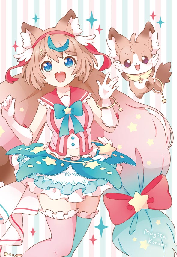 mugita konomi, original, 1girl, animal, animal ears, animal nose, gloves, happy, jewelry, looking at viewer, magical girl, navel, pet, ribbon, ring, skirt, smile, star (symbol), tail, white gloves