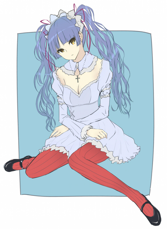 friden, shinouji matsurika, maria holic, bad id, bad pixiv id, 1girl, blue hair, breasts, casual, cleavage, cross, curly hair, dress, female focus, gothic lolita, hair ribbon, hairband, jewelry, legs, lolita fashion, long hair, necklace, pantyhose, red pantyhose, ribbon, solo, striped clothes, striped pantyhose, twintails, vertical-striped clothes, vertical-striped pantyhose, yellow eyes