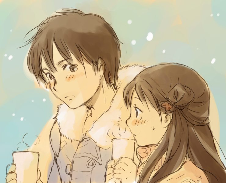 shirotaka, shirotaka (shirotaka), kazehaya shouta, kuronuma sawako, kimi ni todoke, 1boy, 1girl, alternate hairstyle, coat, couple, drinking, hair bun, half updo, hetero, single side bun, snow, snowing