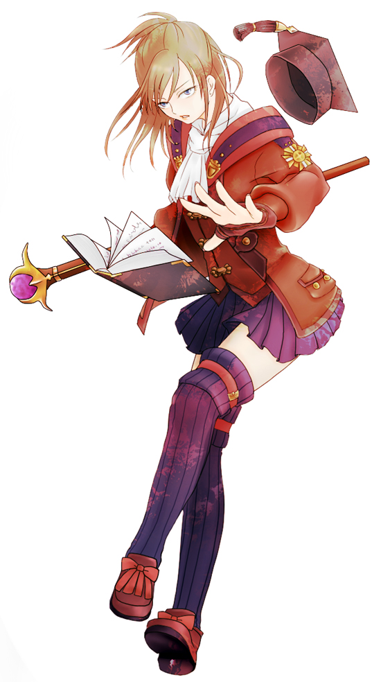 10 (pixiv184740), final fantasy, final fantasy xi, 00s, 1girl, book, brown hair, female focus, fingerless gloves, full body, gloves, hat, hume, miniskirt, short hair, skirt, solo, staff, thighhighs, white background