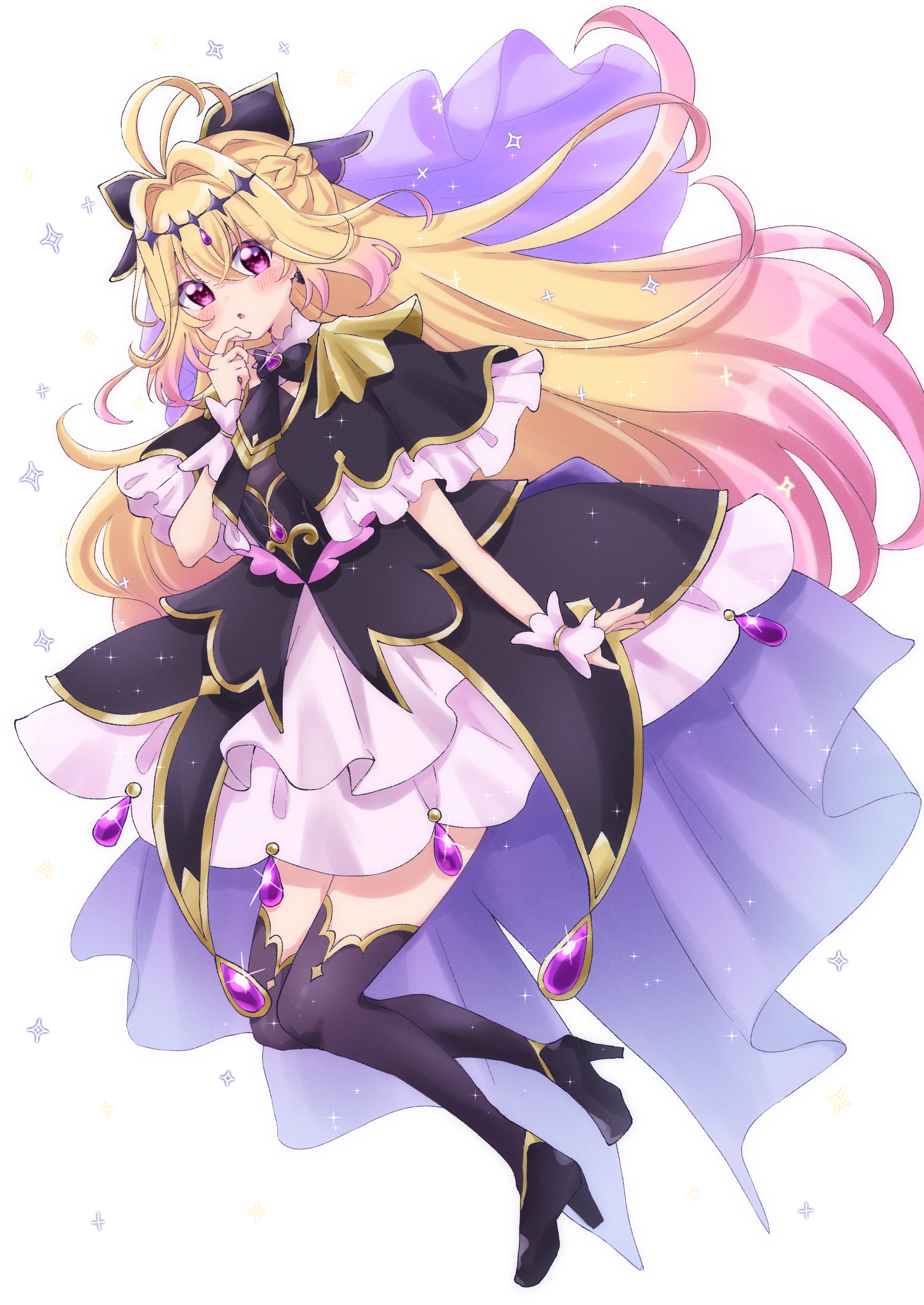 hakumai konatsu, precure, absurdres, highres, 1girl, antenna hair, black bow, black capelet, black dress, black shoes, black thighhighs, blonde hair, blush, bow, braid, brooch, capelet, cure arcana shadow, diamond hairband, dot nose, dress, frilled capelet, frills, full body, gradient hair, hair bow, hair intakes, heart, heart brooch, high heels, jewelry, layered dress, long hair, looking at viewer, magical girl, meitantei precure!, moria luluka, multicolored hair, parted lips, pink hair, purple eyes, purple veil, shoes, simple background, solo, thighhighs, veil, white background, white wrist cuffs, wrist cuffs