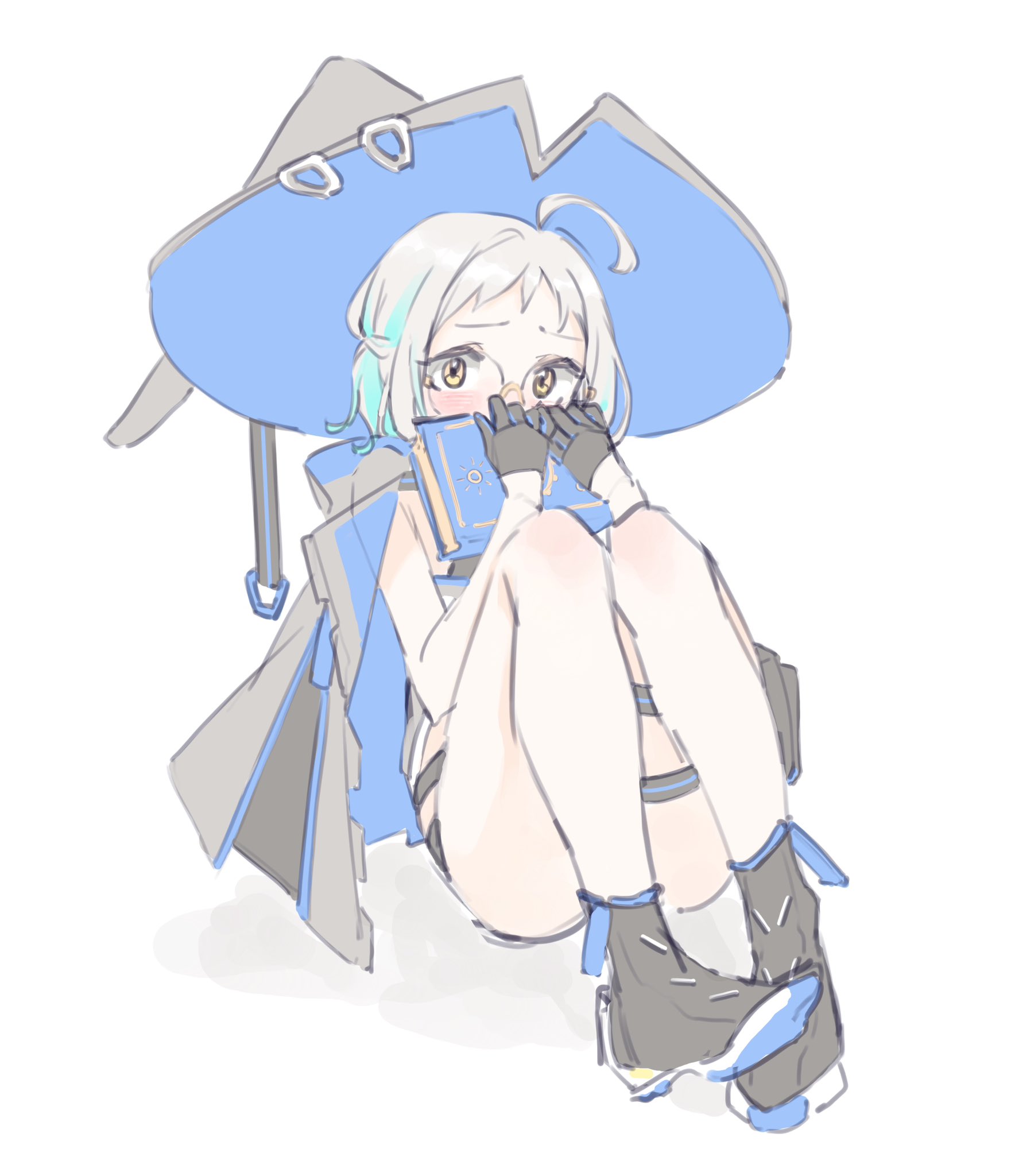 blair labri (artist), blair labri, indie virtual youtuber, 1girl, ahoge, blue hair, book, boots, glasses, gloves, hat, jacket, looking at viewer, virtual youtuber, white hair, witch hat, yellow eyes