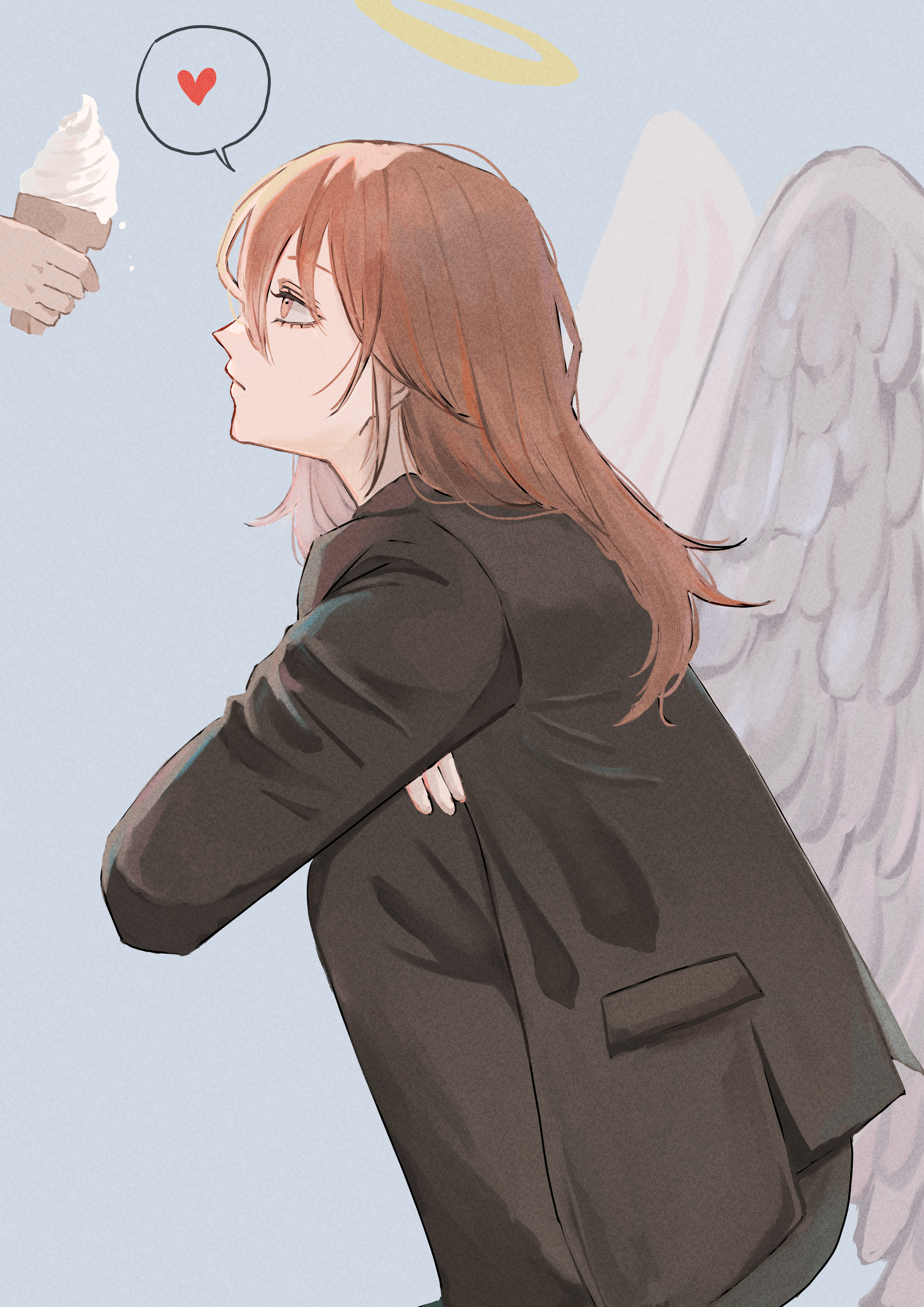 angel devil (chainsaw man), chainsaw man, absurdres, commentary request, highres, 1boy, androgynous, angel, angel wings, black jacket, black pants, black suit, crossed arms, feathered wings, feet out of frame, formal clothes, from side, hair between eyes, halo, hands on own knees, heart, ice cream cone, jacket, knees up, long hair, looking at another, looking up, male focus, out of frame, pants, profile, red hair, solo focus, speech bubble, spoken heart, squatting, suit, suit jacket, takeko niji, traditional halo, white wings, wings