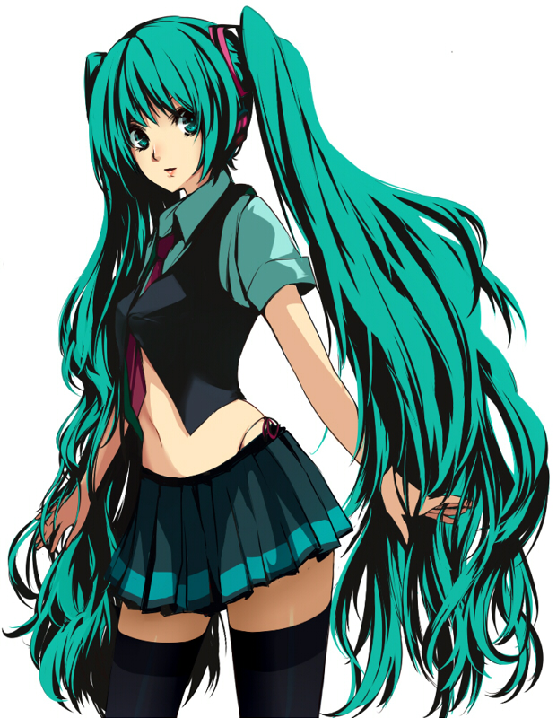 friden, hatsune miku, vocaloid, bad id, bad pixiv id, aqua eyes, aqua hair, long hair, midriff, navel, necktie, skirt, solo, thighhighs, twintails, very long hair, vest, zettai ryouiki